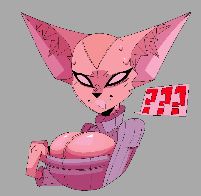 aggressive retsuko, aggretsuko, anthro, breasts, confused, female, fennec fox, fenneko, fluffy ears, large breasts, question mark, sanrio, sweating, xexeezy