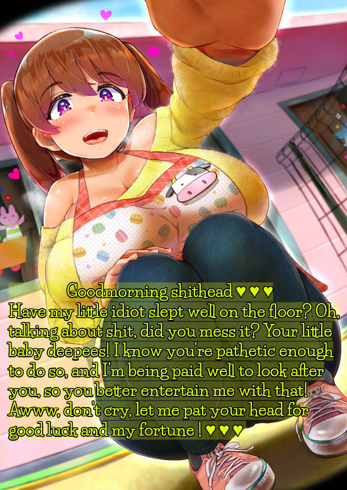 apron babysitter big_breasts blush caption diaper domination english english_text female heart kindergarten_teacher pov text yosyo