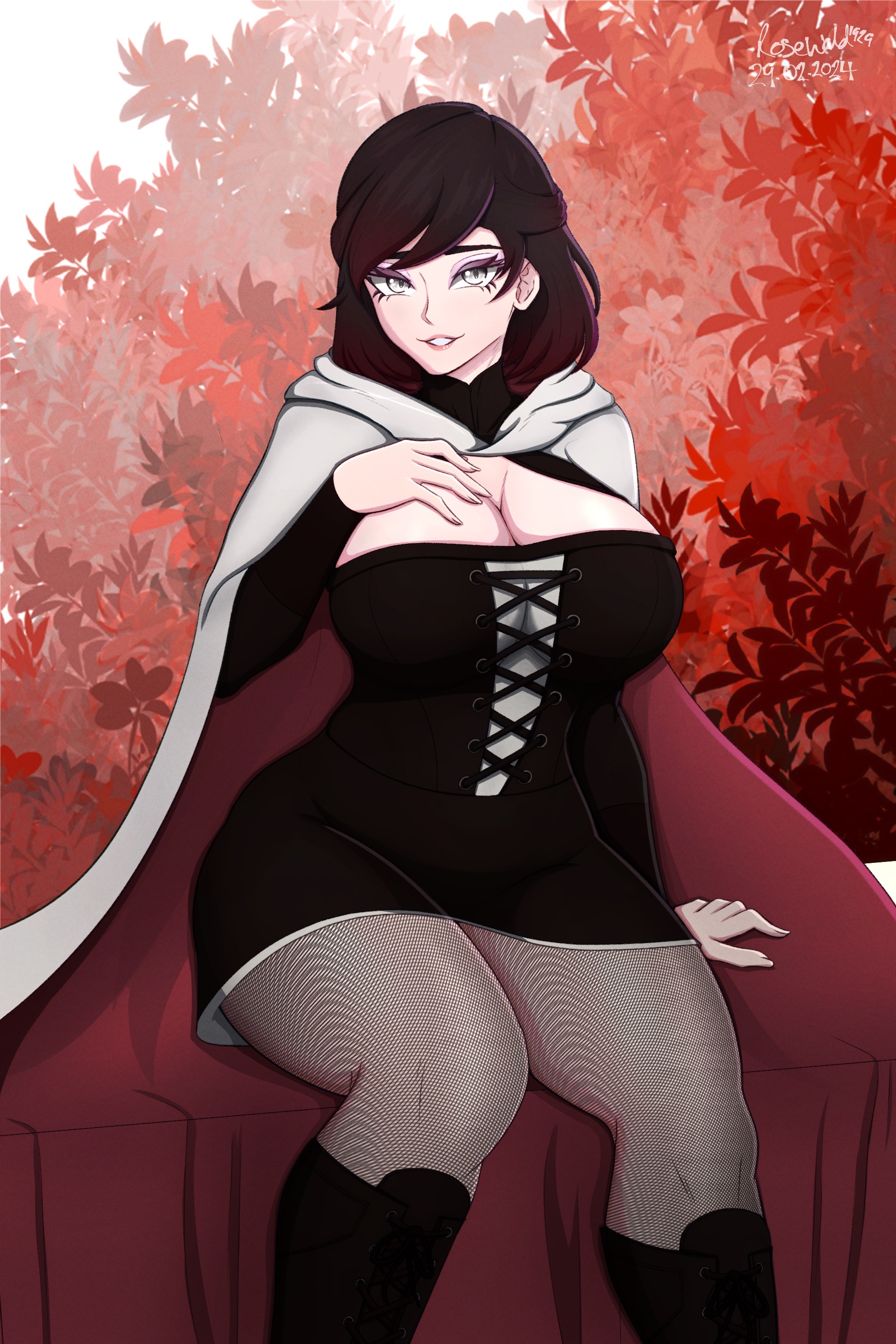 1girls, 2024, 2d, 2d (artwork), alternate version available, big breasts, black hair, boob window, breasts, busty, busty female, cape, cleavage, color, corset, curvy, curvy figure, dated, female, female focus, female only, huge breasts, human, human only, huntress, large breasts, looking at viewer, mature, mature female, milf, pale skin, pale-skinned female, rosewald1929, rwby, seductive, seductive eyes, seductive look, seductive mouth, seductive pose, seductive smile, sfw, short hair, silver eyes, smile, solo, solo female, summer rose, thick thighs, thighs, voluptuous, voluptuous female