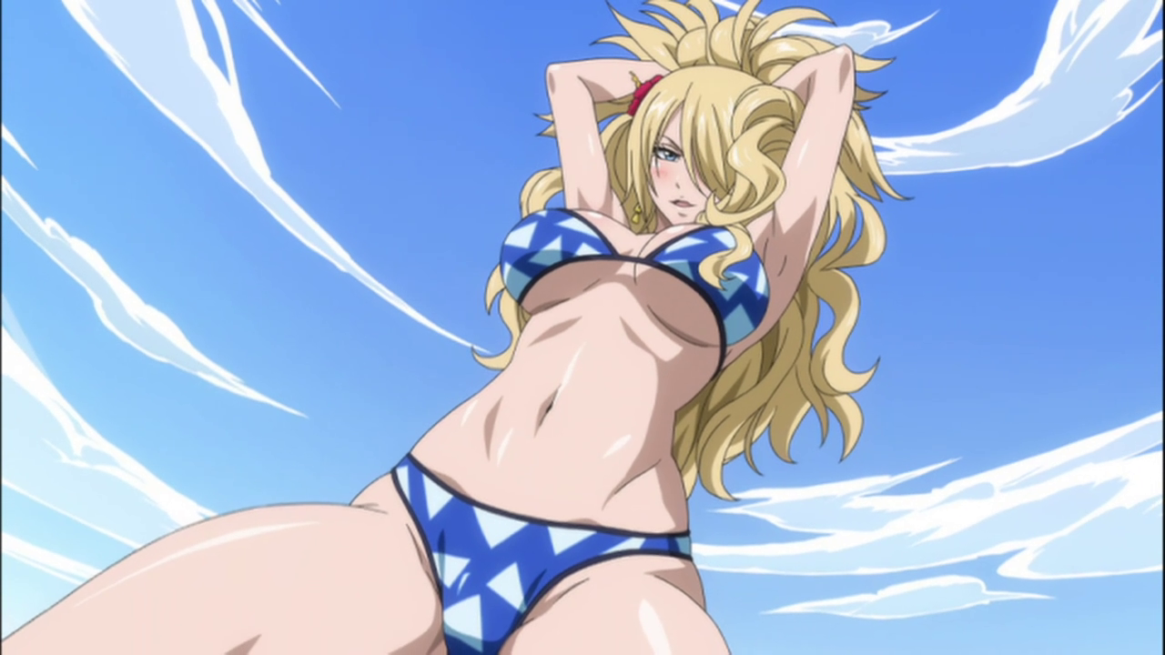1girls, bikini, blonde hair, blonde-haired female, blue sky, breasts, color, day, fairy tail, female, female only, hair, jenny realight, large breasts, outdoors, screencap, solo, swimsuit, underboob
