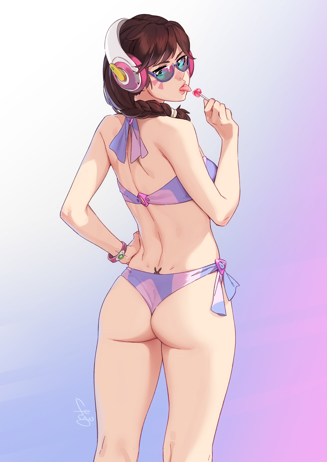 1girls, ass, ass focus, back, bikini, blue-tinted eyewear, braid, brown hair, bunny, d.va, facepaint, feguimel, female, from behind, headphones, lollipop, overwatch, overwatch 2, purple-tinted eyewear, solo, sunglasses, tattoo, thighs, tinted eyewear, tongue, tongue out