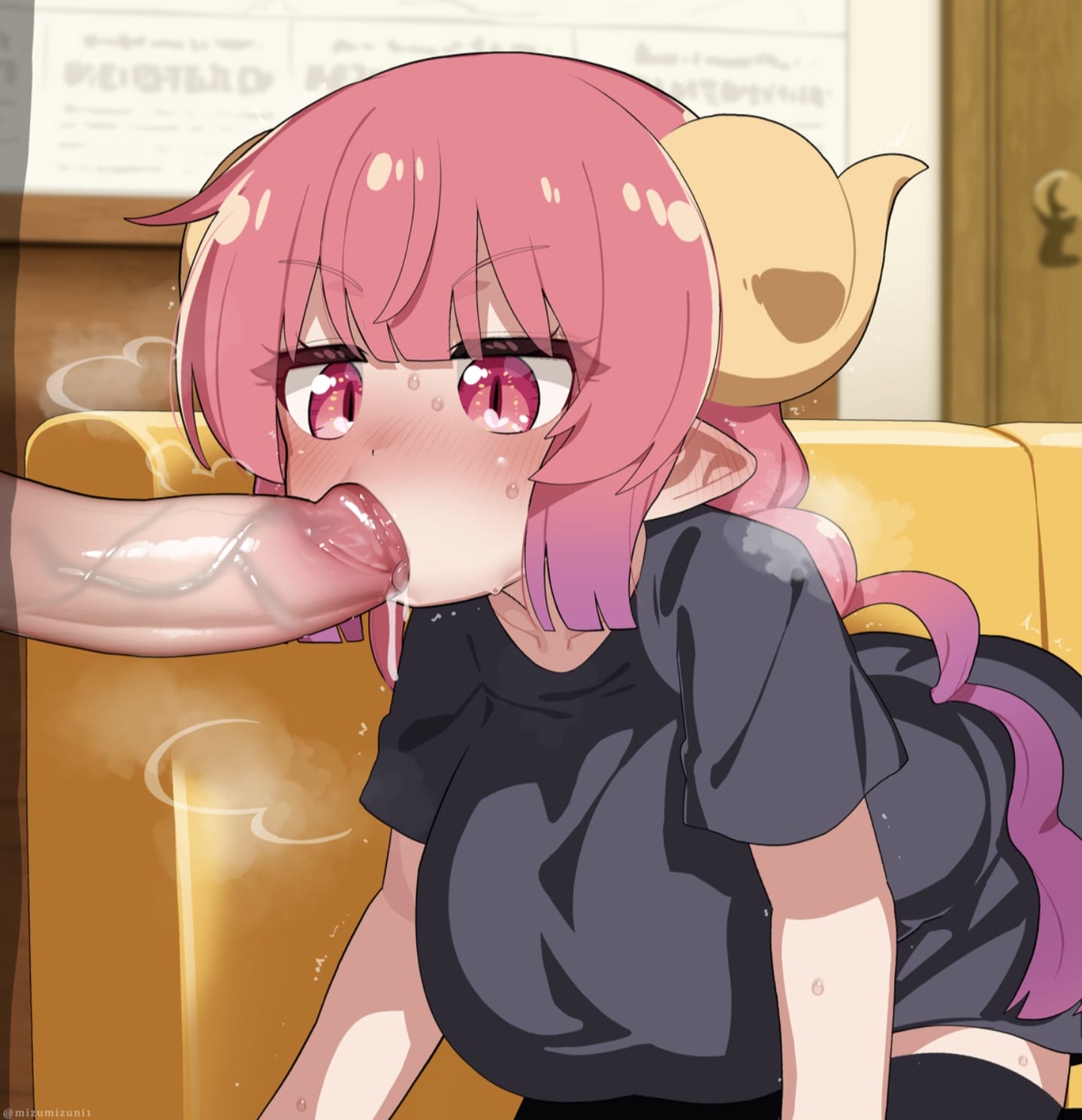 1boy, 1girls, all fours, big breasts, blowjob, blush, breasts, decensored, fellatio, female, horns, ilulu (dragon maid), male, miss kobayashi's dragon maid, mizumizuni, oral, penis, pink eyes, pink hair, pointy ears, silhouette, sloppy, sweat, thighhighs, uncensored, veiny penis