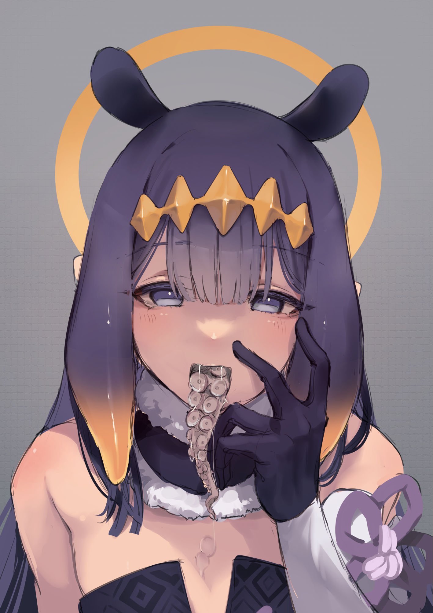 1girls, armwear, blue eyes, choker, clothed, cute, cute fang, diadem, eyebrows visible through hair, female, female focus, female only, flat chest, fringe, gigfor1, gloves, gradient hair, halo, hand on face, hand on own face, hime cut, hololive, hololive english, hololive myth, light-skinned female, long gloves, long hair, looking at viewer, male, mochiyuki (gigfor1), multicolored hair, multiple boys, multiple males, ninomae ina'nis, oral, orange eyes, orange hair, pale-skinned female, petite, pointy ears, presenting mouth, purple eyes, purple hair, saliva, saliva drip, skinny, slim, teenager, tentacle tongue, tiara, tongue, tongue out, two-tone hair, very long hair, virtual youtuber
