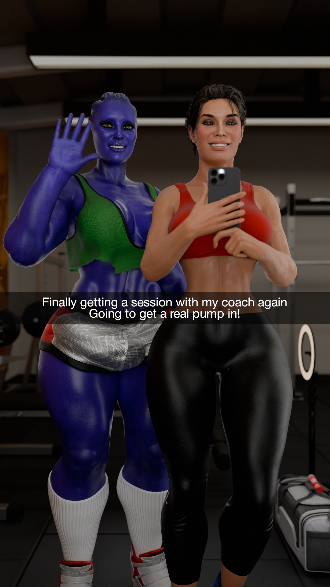 1futa, 1girls, 3d, alien, asari, ashley williams, bioware, blue skin, bulge, bulge through clothing, female, futanari, gym, intersex, mass effect, muscular futa, russymacalroy, selfie, smiling, socks, tagme, workout equipment