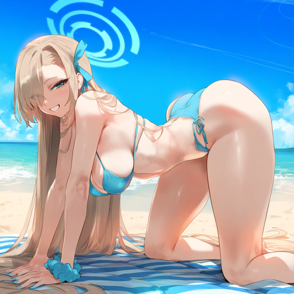 1girls, ai generated, ass, asuna (blue archive), bare arms, bare legs, bare shoulders, bare thighs, beach, big breasts, bikini, bikini bottom, bikini top, blonde hair, blue archive, blue eyes, breasts, clothed, clothing, color, female, female focus, female only, hi res, large breasts, light skin, light-skinned female, long hair, looking at viewer, millennium science school student, sand, sea, solo, solo female, tagme, thick thighs, waifulover, water