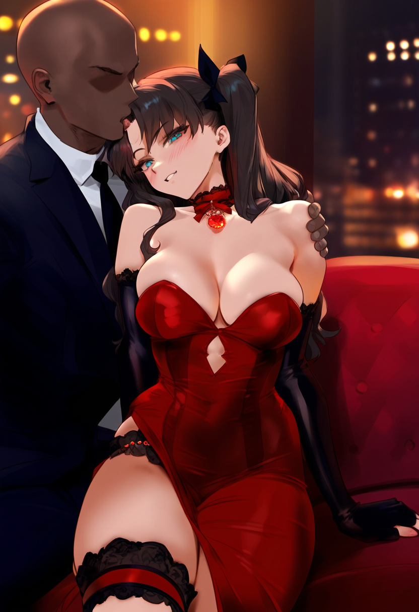 1girls ai_generated cleavage dark-skinned_male dress fancy_clothing fate/stay_night fate_(series) female netorare tagme tohsaka_rin