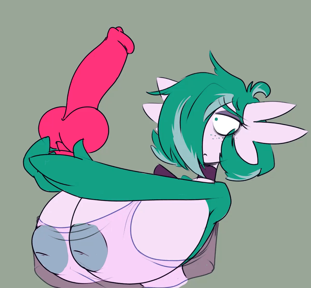 2025, 3 fingers, areola, big breasts, breasts, clothing, dildo, female, fingers, freckled face, freckles, gardevoir, generation 3 pokemon, green areola, green eyes, green hair, green nipples, hair, holding dildo, holding object, holding sex toy, huge breasts, imric1251, inverted nipples, knot, knotted dildo, nintendo, nipples, pokemon, pokemon (species), serious face, sex toy, simple background, solo, translucent, translucent clothing, white body