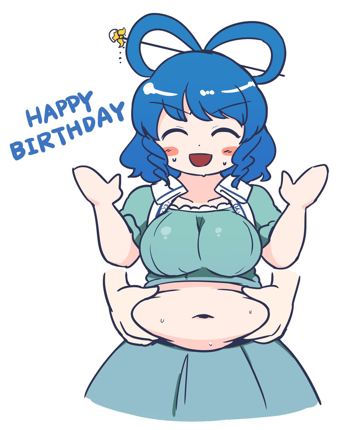 :d belly blue_hair blush blush_stickers breasts chubby chubby_female closed_eyes cropped_legs disembodied_limb dress female hair_ornament hair_rings hair_stick hands_up happy_birthday highres itatatata kaku_seiga large_breasts mature_female milf navel open_mouth plump puffy_short_sleeves puffy_sleeves seiga_kaku short_hair short_sleeves simple_background smile solo sweat touhou v-shaped_eyebrows vest white_background