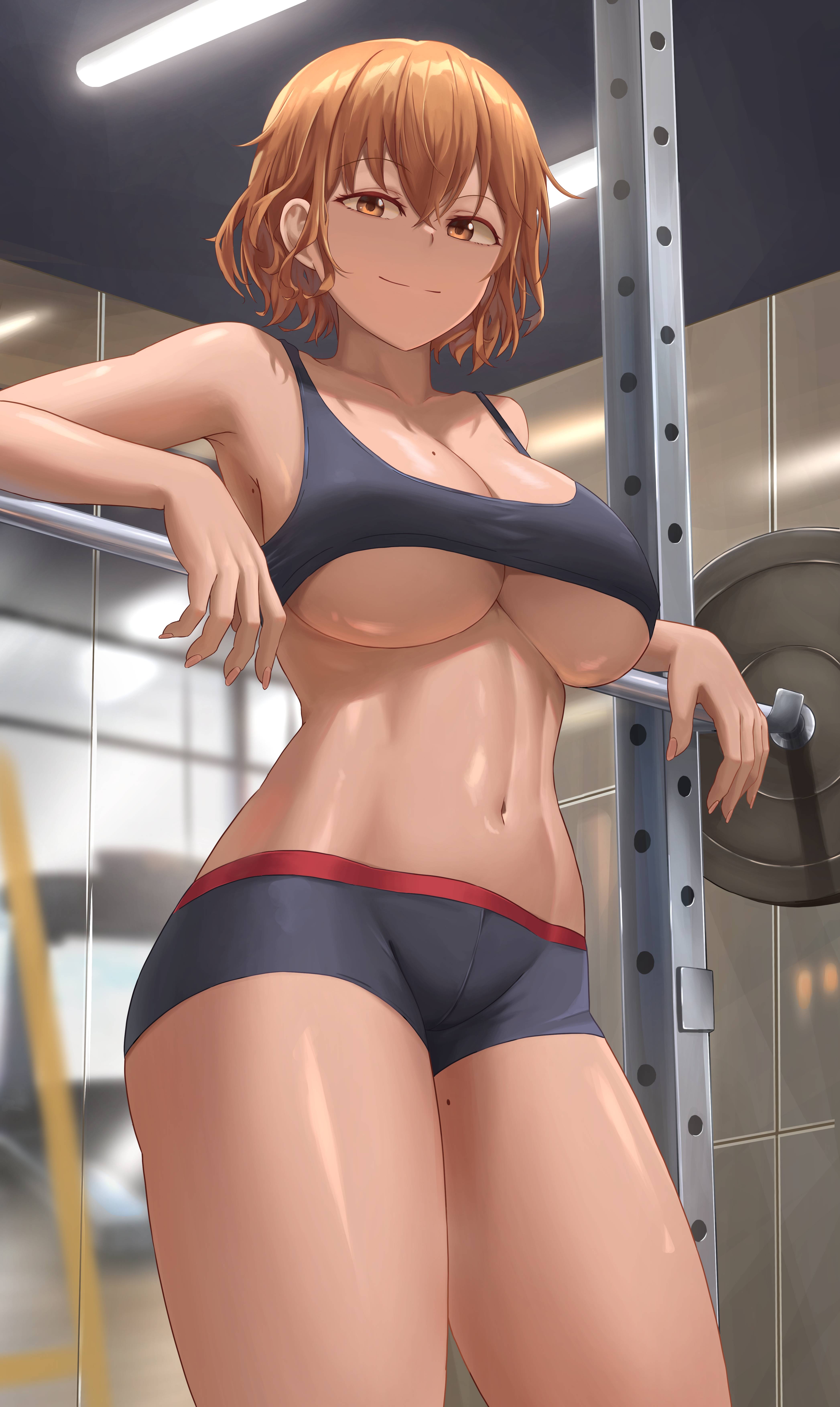 1girls, 2d, 2d (artwork), 2d artwork, abs, adult, adult female, armpits, bare armpits, bare arms, bare belly, bare chest, bare hands, bare legs, bare midriff, bare navel, bare shoulders, bare skin, bare thighs, belly, belly button, bewitching thighs, big breasts, black sports bra, breasts, brown eyebrows, brown eyes, brown hair, brown-eyed female, brown-haired female, busty, busty female, busty girl, child bearing hips, cleavage, closed mouth smile, collarbone, curvaceous, curvaceous body, curvaceous female, curvaceous figure, curvaceous hips, curvaceous thighs, curvy, curvy body, curvy female, curvy figure, curvy hips, curvy thighs, digital, digital art, digital drawing, digital drawing (artwork), digital media, digital media (artwork), elbows, exposed armpits, exposed arms, exposed belly, exposed chest, exposed legs, exposed midriff, exposed navel, exposed shoulders, exposed skin, exposed thighs, eyebrows visible through hair, female, female focus, female only, fertile hips, fingernails, fingers, groin, gym, hair between eyes, high resolution, highres, hourglass figure, huge boobs, huge breasts, indoor, indoors, inframammary fold, inguinal crease, inguinal ligament, large boobs, large breasts, lean figure, looking at viewer, looking down, looking down at viewer, mature, mature female, midriff, mole, mole on breast, mole on thigh, muscular, muscular female, narrow waist, navel, nice tits, original, original art, original artwork, original character, original characters, plump breasts, revealing clothes, shiny breasts, shiny hair, shiny legs, shiny shoulders, shiny skin, shiny thighs, short hair, shoulders, slender body, slender waist, slim waist, smile, smiley face, smiling, smiling at viewer, smirk, solo, sports bikini, sports bra, sports panties, sportswear, standing, stomach, thick thighs, thighs, underboob, upper body, wide hips, yj (yojo san)