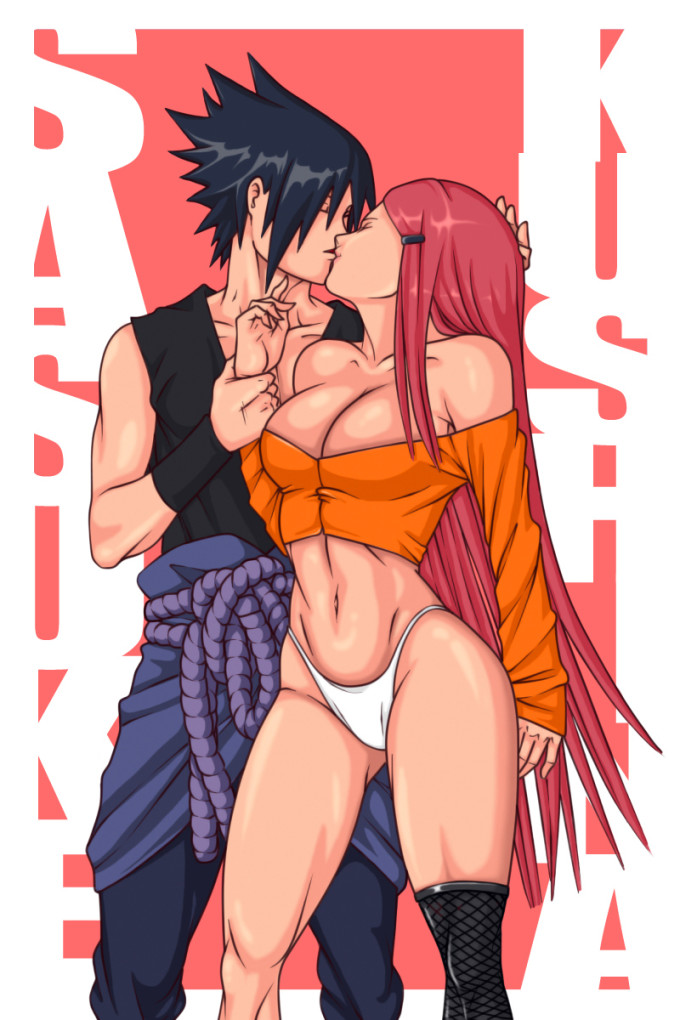 1boy, 1girls, age difference, female, hand on head, human, kissing, male, naruto, naruto (series), red hair, sasuke uchiha, son girlfriends, straight, thong, uzumaki kushina