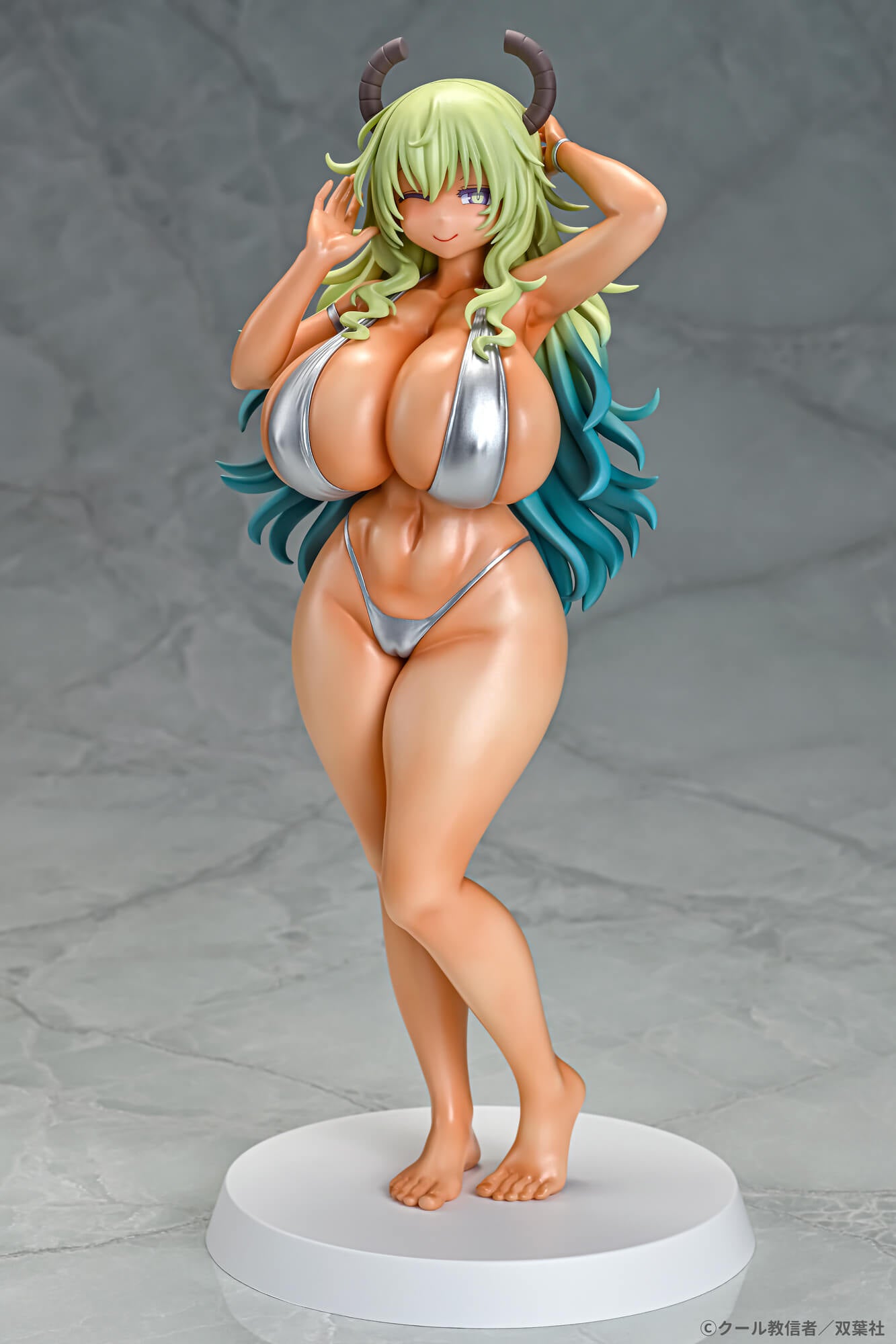 1/7, 1girl, 1girls, 2024, animal girl, armpit, armpits, arms raised, barefoot, barely contained breasts, based on artwork, belly button, big breasts, bikini, bikini bottom, bikini top, bimbo, blonde hair, blue hair, bracelet, breasts, brown horn, brown horns, cameltoe, cleavage, cool-kyou shinja, covered nipples, curvy, dark skin, dark-skinned female, deity, dragon, dragon girl, dragon horn, dragon horns, feet, female, figure, figure (medium), figurine, gigantic breasts, goddess, gradient, gradient hair, green hair, hand on hair, hat, heel up, highres, horn, horns, huge breasts, humanoid, interchangeable faces, interchangeable parts, jewelry, k2(gillgill), knee bent, kobayashi-san chi no maidragon, large breasts, legs, long hair, lucoa, lucoa (maidragon), massive breasts, metallic bikini, midriff, miss kobayashi's dragon maid, monster girl, multicolored hair, mythical creature, mythology, navel, no shoes, no socks, nollgreco, non-human, non-web source, nsfw, one eye closed, open mouth, photo (medium), pvc (material), q-six, quetzalcoatl, quetzalcoatl (dragon maid), reptile girl, shiny, shiny bikini, shiny skin, silver bikini, silver bikini bottom, silver bikini top, smiling, solo, source request, statue, stomach, swimsuit, tan, tan skin, thick thighs, thong, toenails, toes, toy, two piece swimsuit, unrealistic proportions, very large breasts, white bikini, white bikini bottom, white bikini top, wink