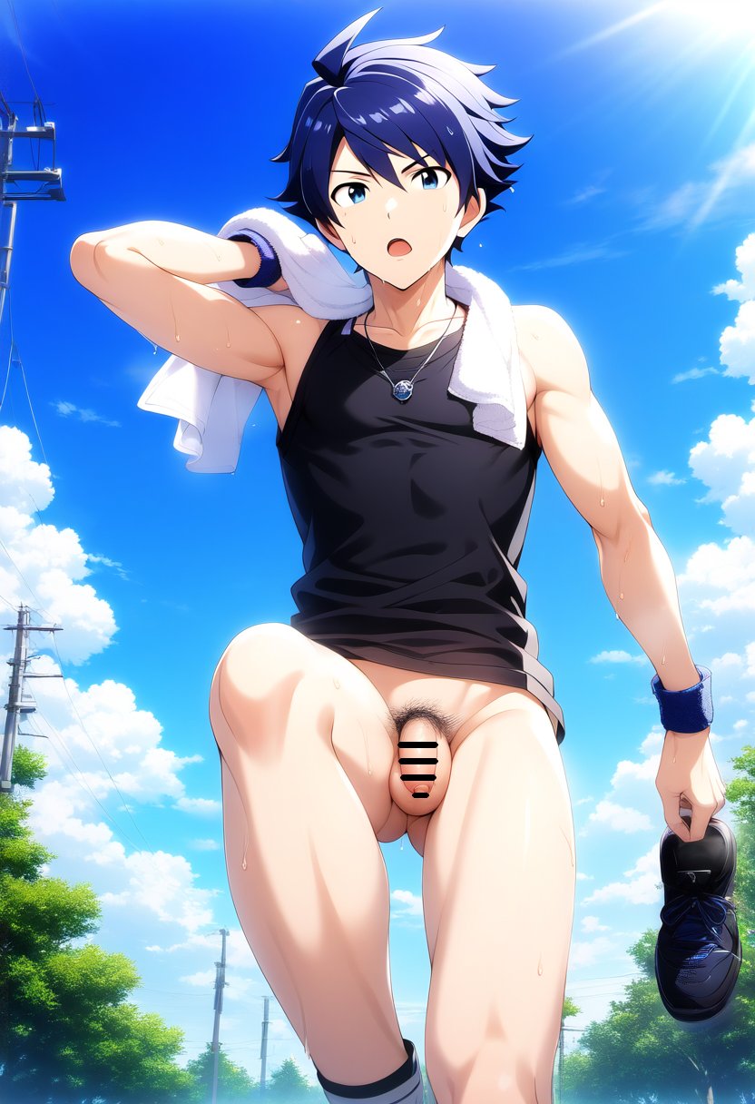 1boy abs ai_generated blue_hair bottomless hatopo005 idolmaster idolmaster_side-m male_focus male_only muscle penis solo_focus sweat taiga_takeru tank_top