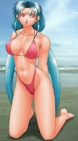 1girls abs barefoot beach belly big_breasts bikini blue_hair breasts feet female female_only goddess humanoid large_breasts long_hair mature navel pale-skinned_female pale_skin red_eyes round_ears swimsuit tagme tenchi_muyo! thong thong_bikini tsunami_(tenchi_muyo!) uncensored very_long_hair