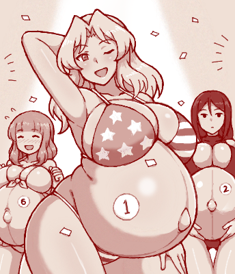 3girls american_flag_bikini armpits belly big_belly big_breasts bikini breasts cleavage competition confetti female girls_und_panzer happy huge_breasts kay_(girls_und_panzer) knightraid000 large_breasts linea_nigra multiple_girls multiple_pregnancies nonna nonna_(girls_und_panzer) outie_navel pregnant ready_to_pop takebe_saori