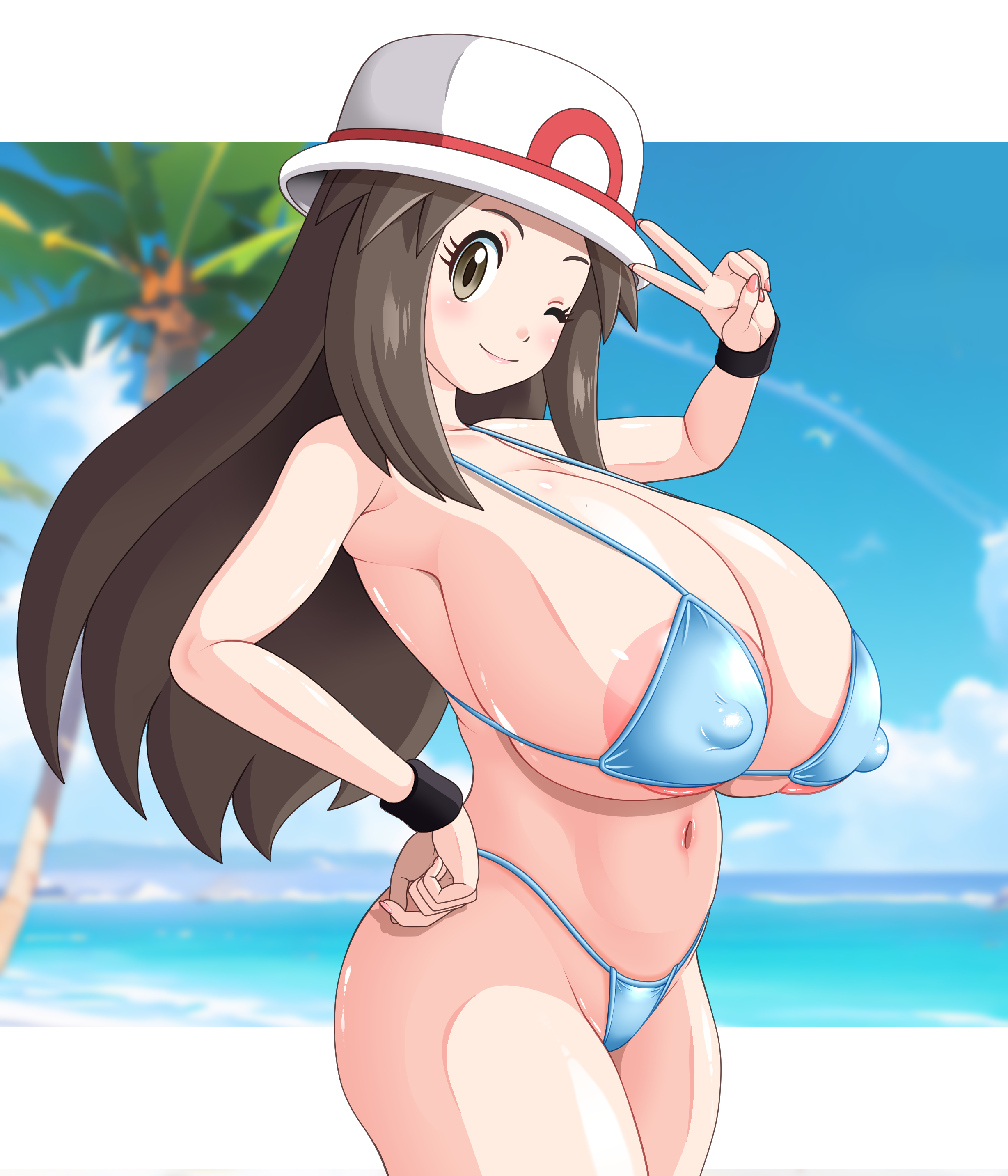 1girls, beach, bikini, breasts, brown hair, female, game freak, hat, hips, huge breasts, leaf (pokemon), light skin, light-skinned female, long hair, nintendo, nipples, outdoors, pokemon, pokemon rgby, s.forest, thick thighs, thighs, wide hips