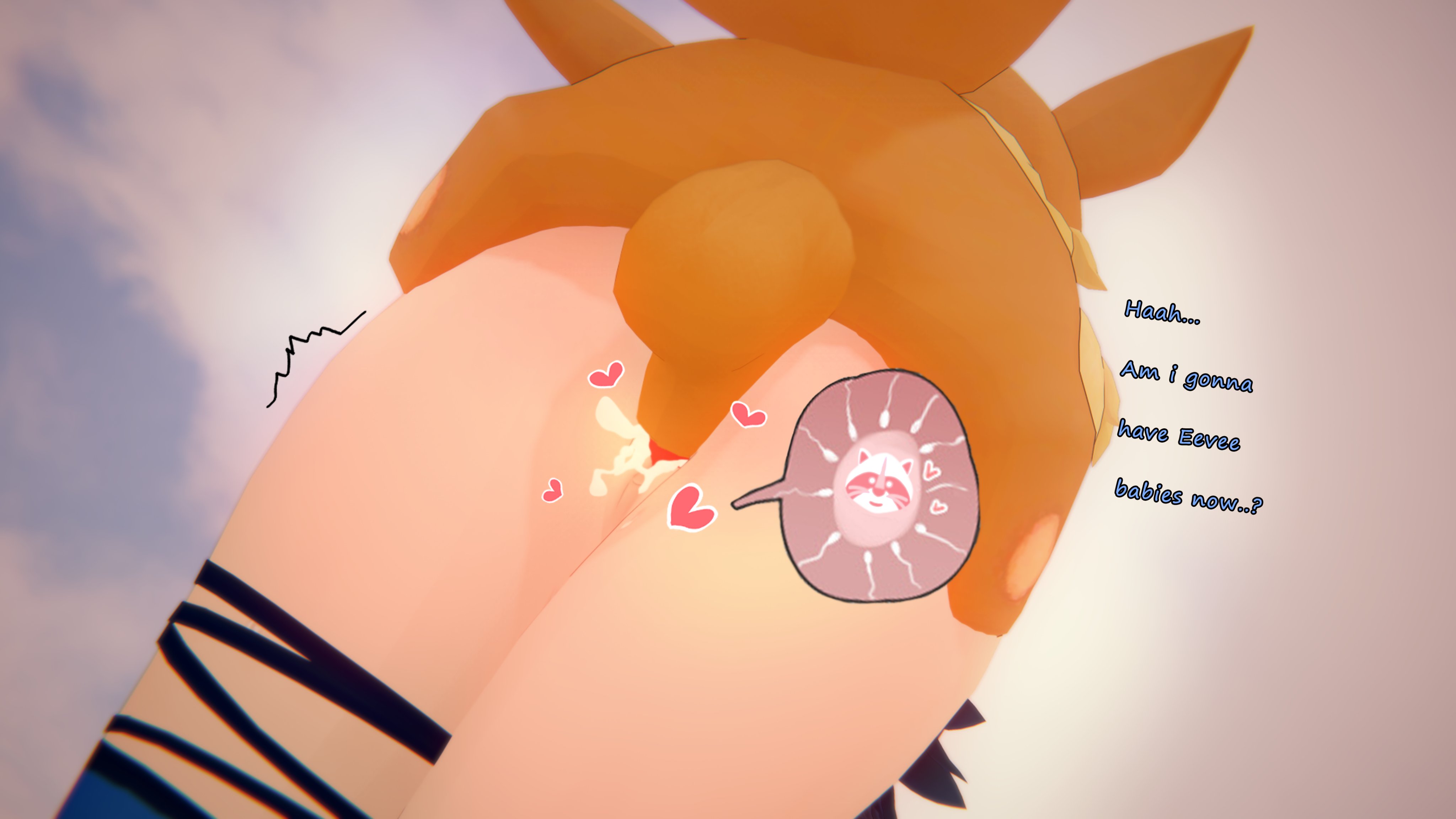 1boy, 1girls, collar, cumming inside, eevee, female, from behind, indie virtual youtuber, male, male eevee, namelessjuno, pokemon, pokemon (species), pokephilia, raccoon girl, snuffy, text, virtual youtuber, vtuber, zoophilia