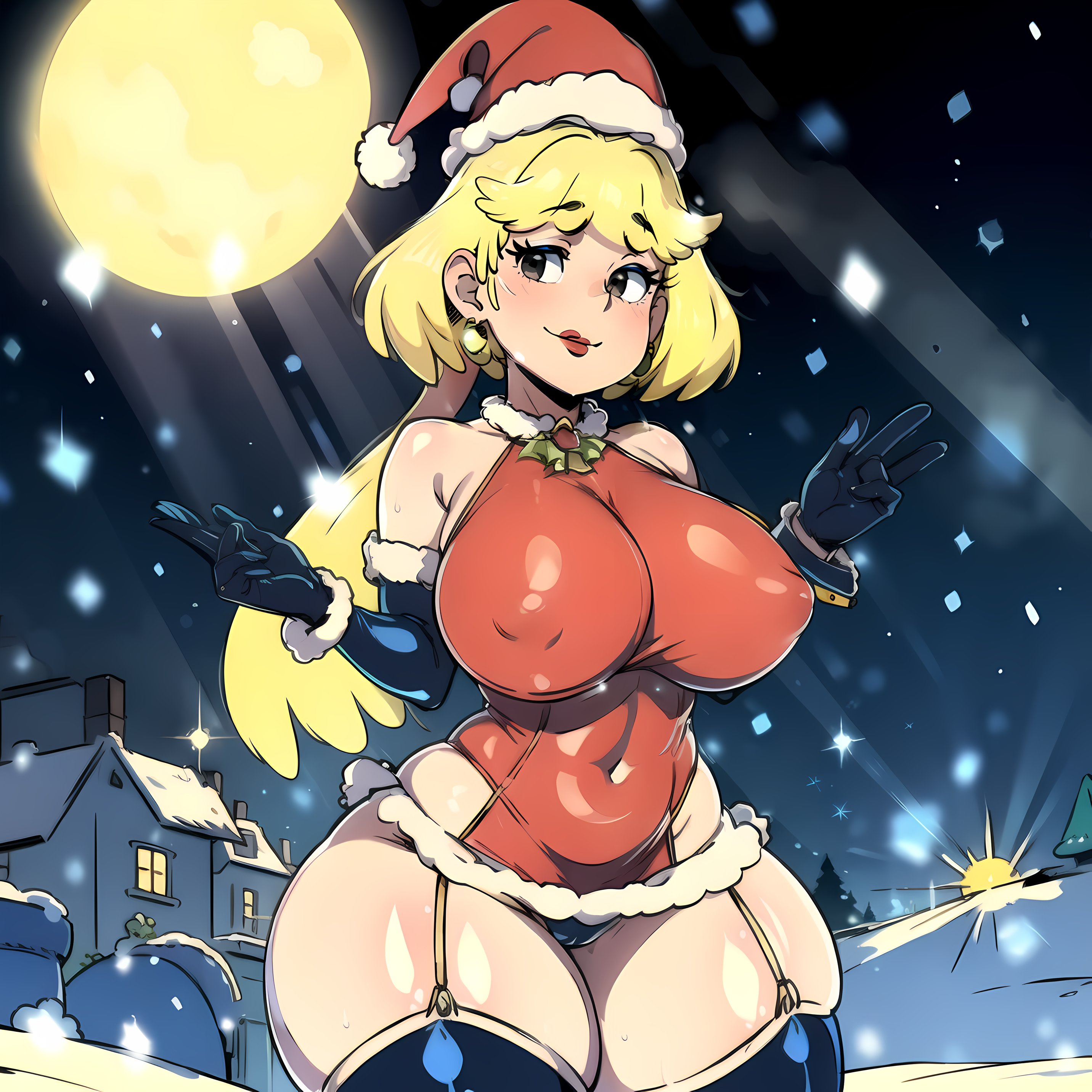 aegis999 (artist), ai generated, big breasts, breasts, christmas hat, female, long hair, looking at viewer, milf, moon, nickelodeon, rita loud, the loud house, thick thighs, thighhighs