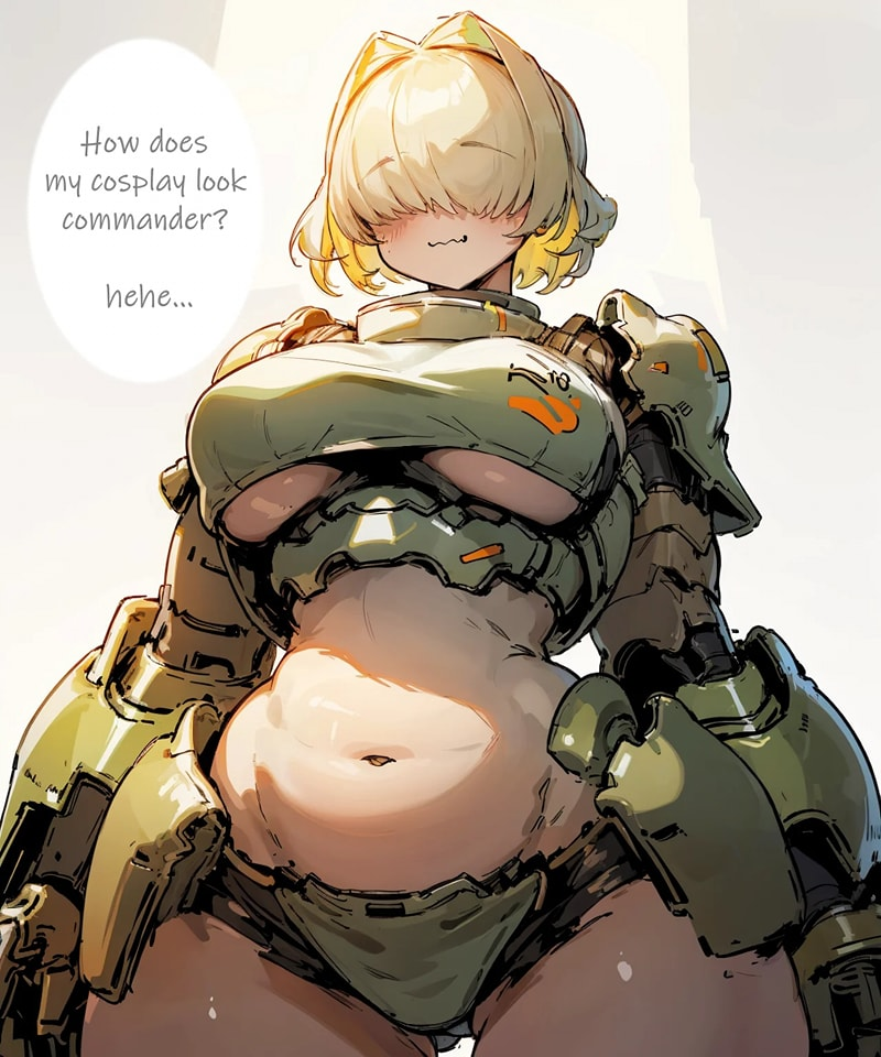 1girls ai_generated armor bangs bangs_over_eyes belly blonde_hair blush breasts cosplay curvaceous curvy doom doom_slayer_(doom) elegg_(nikke) girl goddess_of_victory:_nikke hair_over_eyes medium_breasts navel smile speech_bubble text text_bubble thin_waist two_tone_hair underboob wide_hips