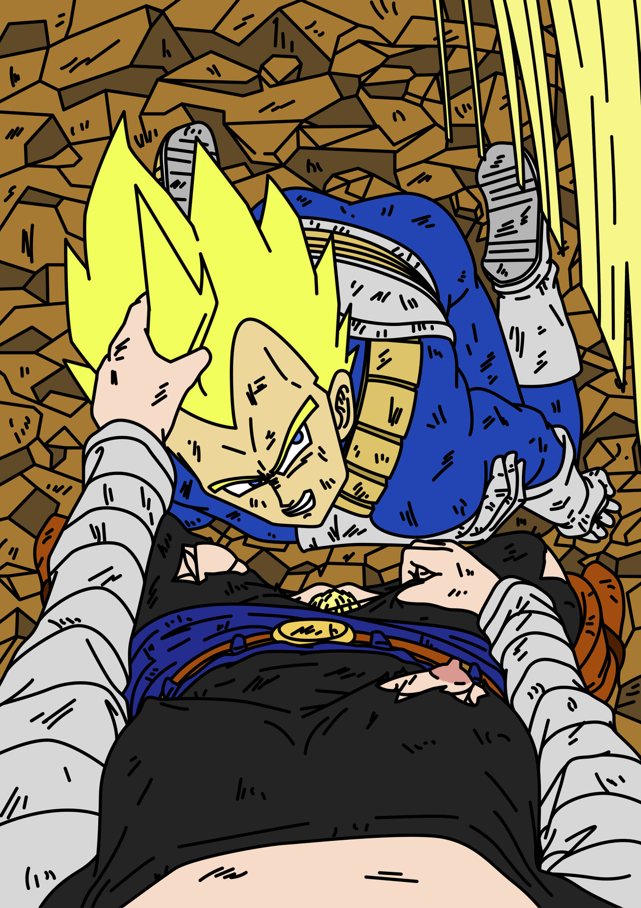 1boy, 1girls, android 18, areolae, blonde hair, breasts, dbart+18, domination, dragon ball, dragon ball z, exposed nipples, exposed pussy, female, female pov, femdom, forced oral, imminent oral, male, nipples, pov, pussy, reverse rape, short hair, source request, straight, super saiyan, torn clothes, torn clothing, vegeta