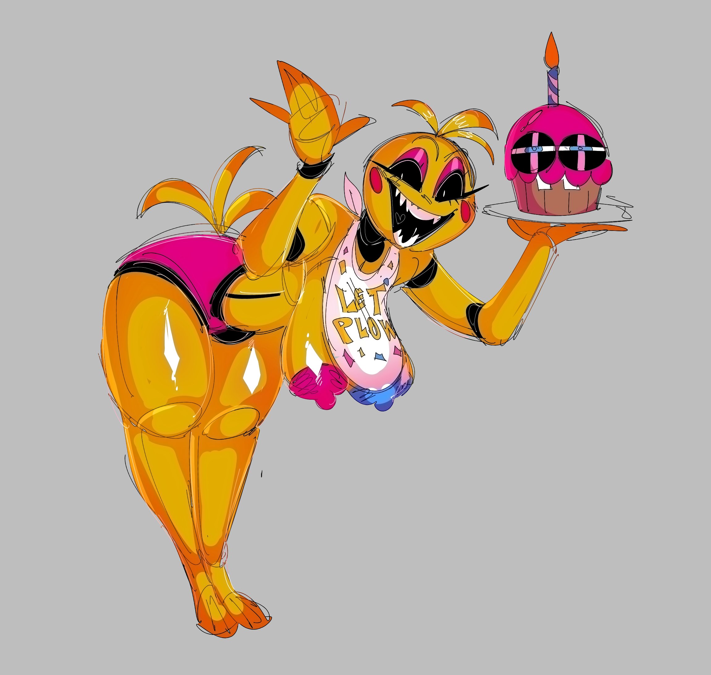 animatronic, big breasts, bileshroom, breasts, breasts out, colored sketch, cupcake (fnaf), different colored nipples, fanart, female, five nights at freddy's, five nights at freddy's 2, fnaf, giant breasts, robot, robot girl, sketch, solo, solo female, toy chica (fnaf)