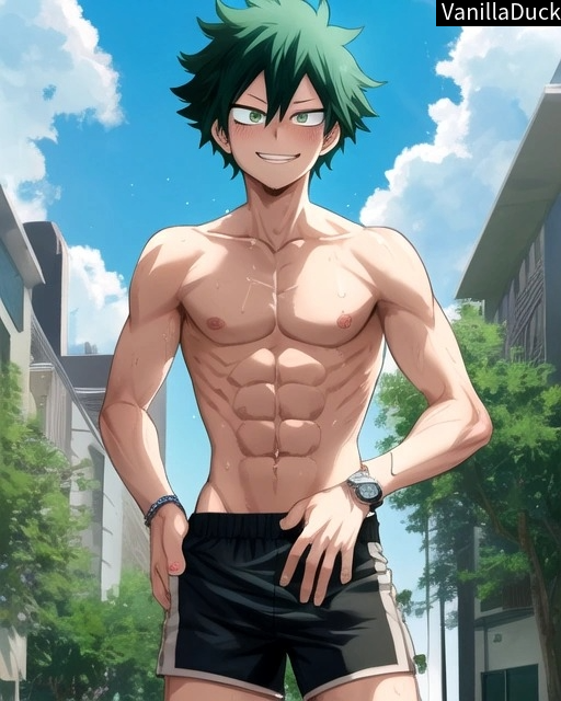 1boy abs ai_generated beach biceps blush boku_no_hero_academia buff bulge chest clouds deku green_hair happy izuku_midoriya male male_only muscle muscle_tone muscles muscular muscular_arms muscular_legs muscular_male muscular_thighs my_hero_academia nipples ocean pecs sea seaside shorts six_pack sky solo solo_focus solo_male strong sweat sweatdrop sweating sweaty sweaty_body vanilladuck water