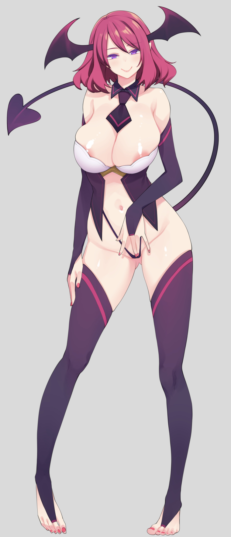 akino sora, alternate breast size, ass visible through thighs, breasts, cleavage, demon, demon girl, demon horns, demon tail, demon wings, demoness, detached collar, elbow gloves, female, gloves, head wings, highleg, highres, isekai kita no de sukebe skill de zenryoku ouka shiyou to omou the animation, large breasts, looking at viewer, monster girl, navel, necktie, original, pink eyes, red hair, short hair, solo, succubus, succubus horns, succubus tail, tail, thighhighs, thighs, wings