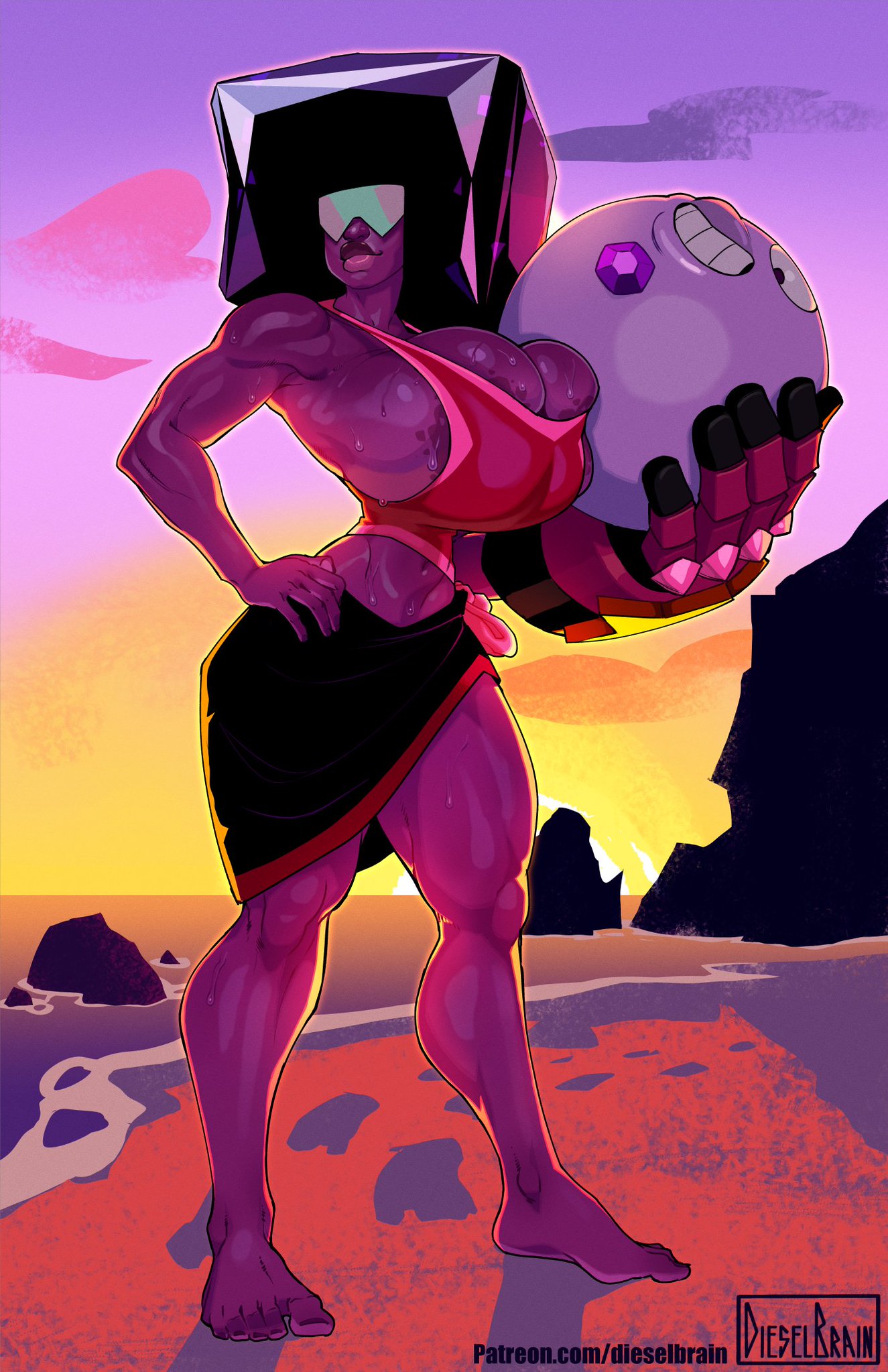 2girls afro amethyst_(steven_universe) areola_slip areolae beach beach_ball big_breasts black_hair cleavage dieselbrain female female_only garnet_(steven_universe) gem gem_(species) gem_fusion hand_on_hip large_ass navel purple_body purple_skin red red_body red_skin steven_universe thighs wide_hips