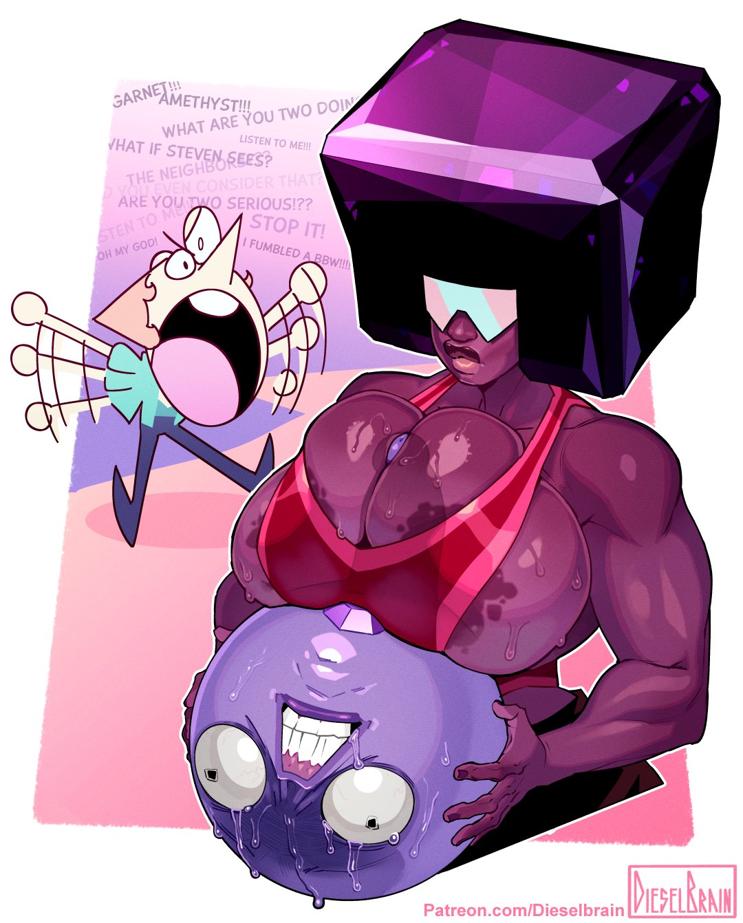 1futa 2girls amethyst_(steven_universe) areola_slip areolae big_breasts big_penis breast_squeeze breasts cartoon_network clothed clothing dark-skinned_female dark_skin dieselbrain erection female female_focus futanari garnet_(steven_universe) gem_(species) huge_breasts humanoid humanoid_penis large_breasts mostly_clothed nipples pearl_(steven_universe) sphere steven_universe swimsuit