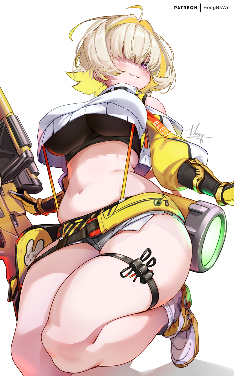:3, 1girls, ahoge, ass, belly, belly button, blonde hair, blush, breasts, elegg (nikke), female, female only, fully clothed, goddess of victory: nikke, hair over eyes, huge ass, large breasts, midriff, on knees, plump, purple eyes, short shorts, shorts, suspenders, thick thighs, thigh strap, two-tone hair, underboob, white background