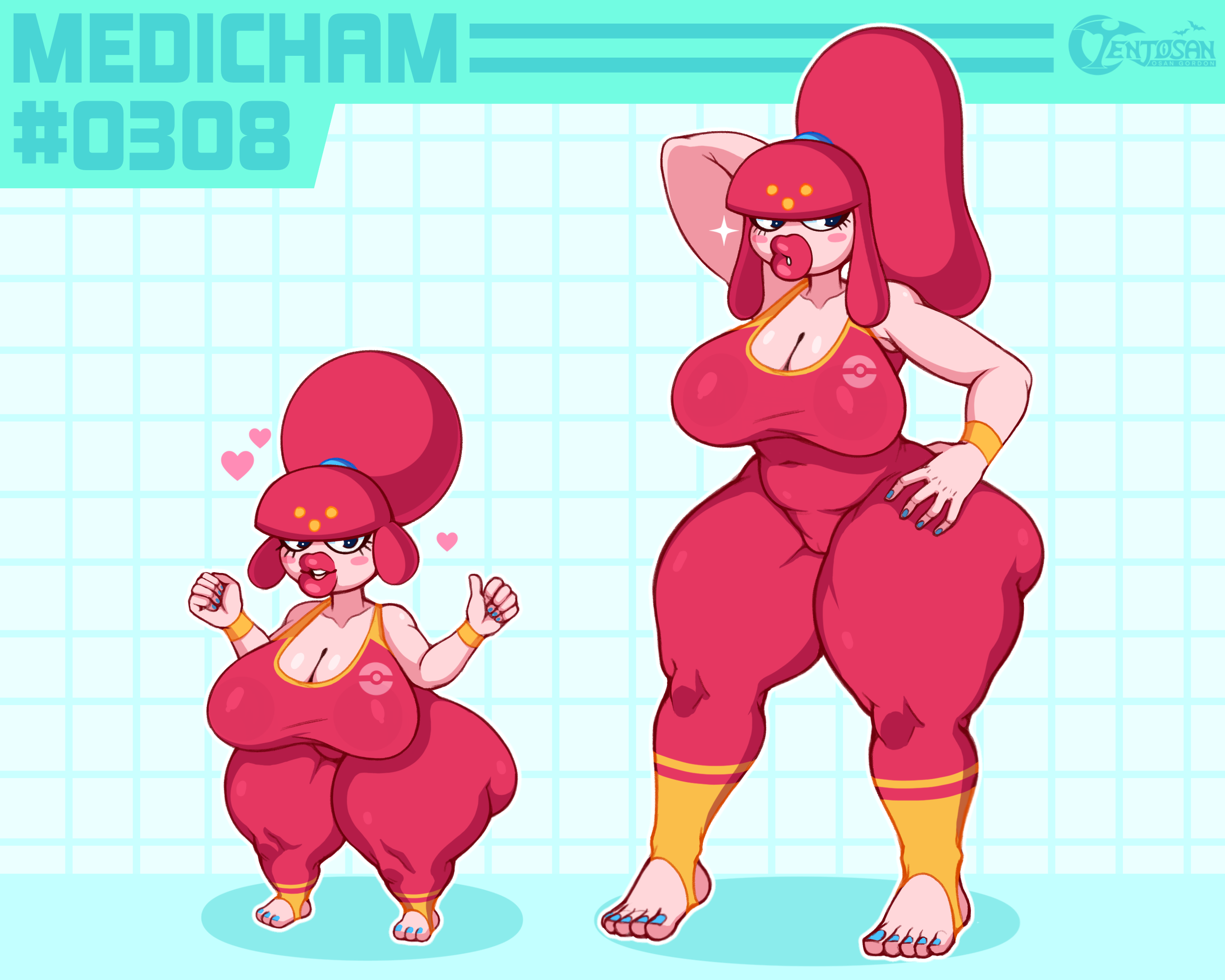 anthro, ass, big ass, big breasts, big butt, blush, blush stickers, bodysuit, breasts, clothed, clothing, duo, female, generation 3 pokemon, hi res, huge breasts, huge lips, humanoid, lips, medicham, nintendo, pokemon, pokemon (species), pose, raised arm, short stack, shortstack, skinsuit, tenjosan, thick lips, thick thighs, tight clothing, wide hips