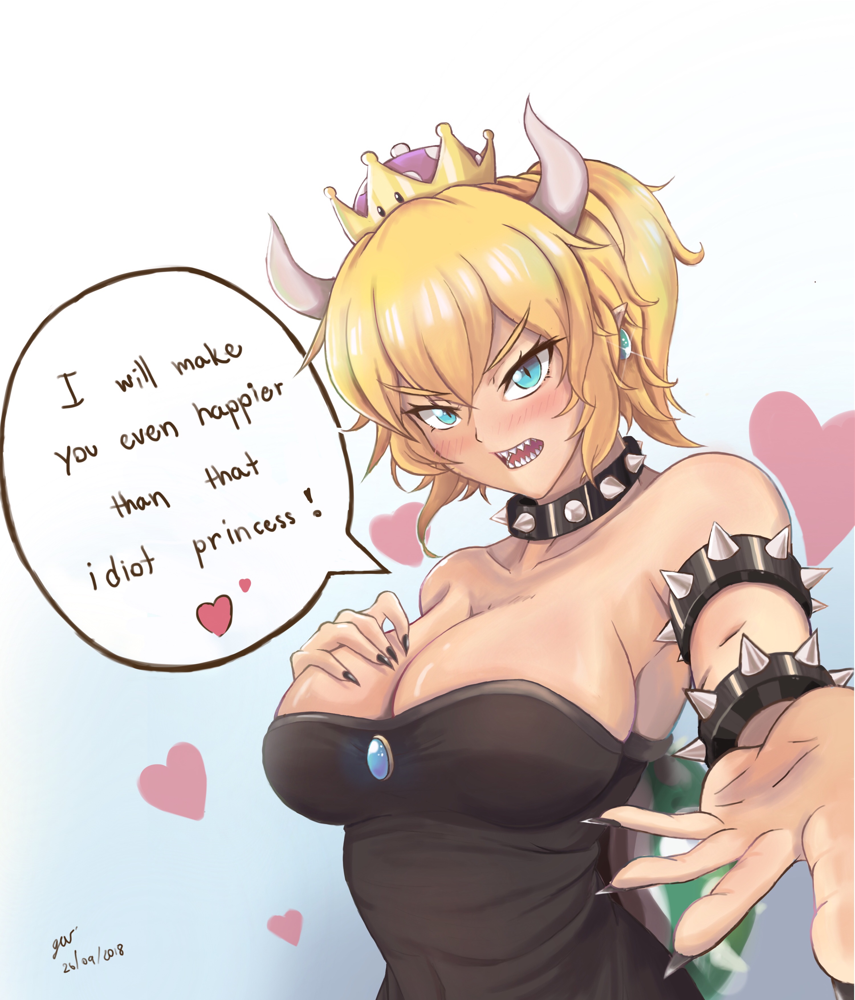 blonde hair, blue eyes, blush, bowsette, breasts, busty, cleavage, dress, english text, female, genderswap, gus1999, hand on breast, heart, highres, inviting, large breasts, mario (series), monster girl, new super mario bros. u deluxe, nintendo, reaching out, rule 63, sharp teeth, solo, speech bubble, talking to viewer