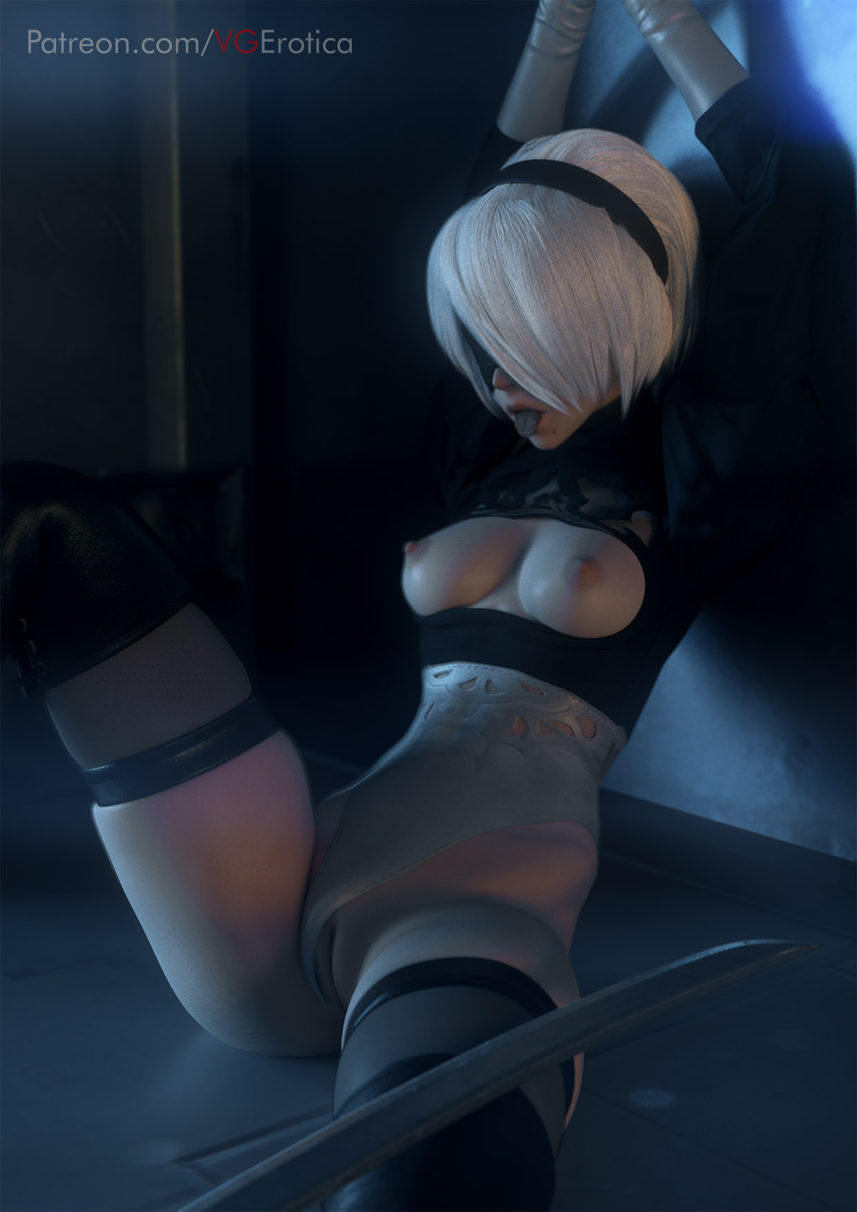 3d, blindfold, bondage, female, female only, nier, nier: automata, open mouth, pussy, restrained, solo, spread legs, tongue, tongue out, vgerotica, yorha 2b