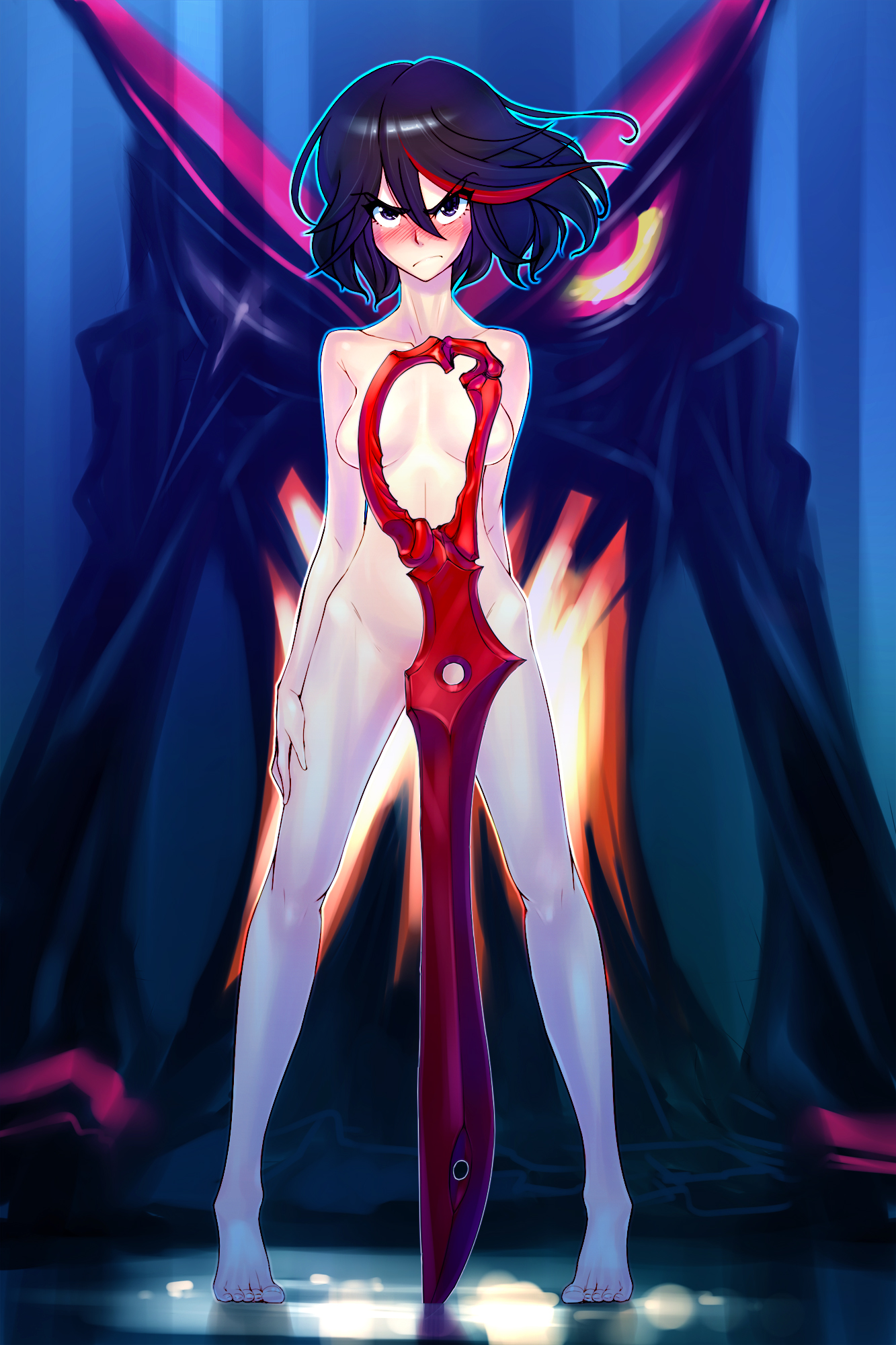 1girls, angry, areolae, barefoot, black hair, blush, breasts, censored, convenient censoring, female, female only, frown, hayami yuujirou, highres, kill la kill, looking at viewer, looking up, matoi ryuuko, medium breasts, multicolored hair, nude, planted sword, planted weapon, poster, purple eyes, red hair, scissor blade, senketsu, short hair, solo, sword, tiptoes, two-tone hair, weapon