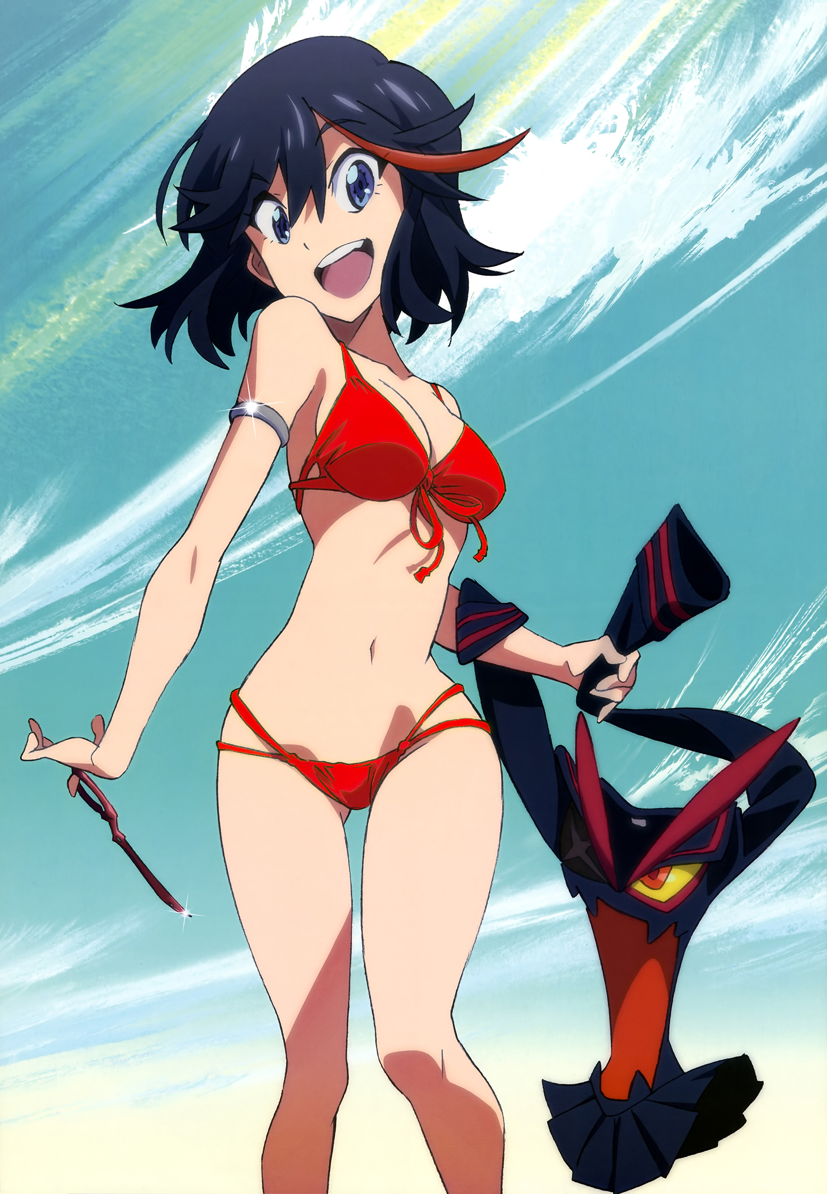 :o, 1girls, absurdres, amemiya akira, arm band, arms, ass visible through thighs, bare arms, bare legs, bare midriff, bare shoulders, belly, bikini, bikini top, black hair, blue eyes, bra, bracelet, breasts, cleavage, clothes, clothes removed, clothing, edit, excited, female, female only, happy, hi res, high res, high resolution, highres, holding, holding clothing, hourglass figure, kill la kill, legs, life fiber, looking at viewer, matoi ryuuko, midriff, mouth open, multicolored hair, navel, open mouth, red bikini, red hair, red swimsuit, senketsu, short hair, skinny, sky, smile, solo, standing, stockings, swimsuit, teeth, thighs, thin waist, tongue, tongue in mouth, two-tone hair, wide hips