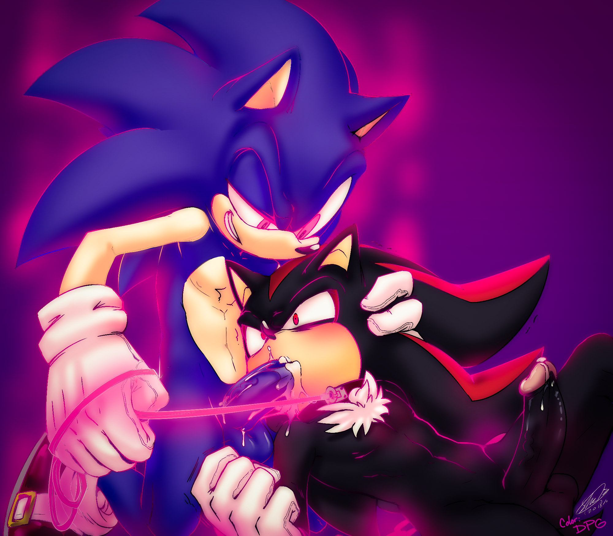 anthro, balls, black fur, blue fur, blush, chains, chest tuft, clothing, collar, cum, cum in mouth, cum inside, darkpitsgirl, duo, erection, fellatio, footwear, forced, forced oral, fur, gay, gloves, grin, half-closed eyes, hand on head, hands-free, hedgehog, kneeling, leash, lying, male, mammal, navel, nipples, on back, oral, orgasm, penis, rape, red fur, saliva, sega, sex, shadow the hedgehog, shoes, smile, soina, sonadow, sonic (series), sonic the hedgehog, sonic the hedgehog (series), tuft, vein, veiny penis, yaoi