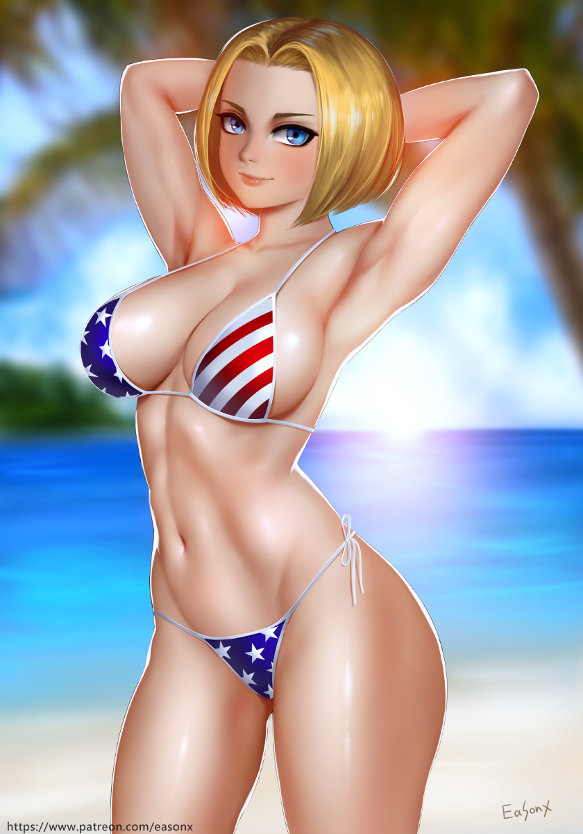 1girls, american flag, american flag bikini, beach, big breasts, bikini, bikini bottom, bikini top, blonde hair, blue eyes, blue mary, breasts, cleavage, easonx, fatal fury, female, female only, king of fighters, large breasts, looking at viewer, snk, solo, solo focus, swimsuit, url