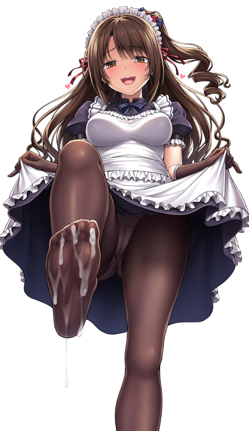 :d, alternate costume, apron, apron lift, bangs, between labia, black dress, black gloves, black legwear, blue neckwear, blue ribbon, blush, breasts, brown eyes, brown hair, cameltoe, collared dress, commentary request, cum, cum on body, cum on feet, cum on lower body, dress, dress lift, elbow gloves, enmaided, eyebrows visible through hair, feet, female, foot fetish, frilled apron, frilled sleeves, frills, from below, gloves, gluteal fold, hair ribbon, heart, idolmaster, idolmaster cinderella girls, innie pussy, lambda (kusowarota), lifted by self, long hair, looking at viewer, looking down, maid, maid headdress, medium breasts, neck ribbon, one side up, open mouth, panties, panties under pantyhose, pantyhose, puffy short sleeves, puffy sleeves, pussy, red ribbon, ribbon, shimamura uzuki, short sleeves, simple background, smile, soles, solo, standing, standing on one leg, toes, underwear, upper teeth, upskirt, very long hair, wavy hair, white apron, white background, white panties, wing collar