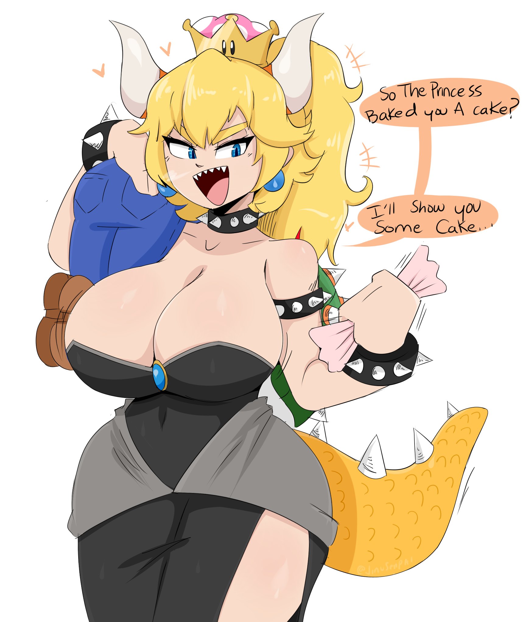 1boy, 1girls, blonde hair, bowsette, breasts, cleavage, female, fully clothed, genderswap, huge breasts, jinu, male, mario, mario (series), new super mario bros. u deluxe, nintendo, rule 63, solo focus, speech bubble, super mario bros., text, voluptuous