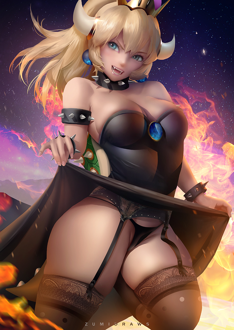 areolae, blonde hair, bowsette, breasts, dress lift, female, female only, garter belt, genderswap, mario (series), new super mario bros. u deluxe, nintendo, panties, rule 63, solo, thick thighs, thighhighs, voluptuous, zumi