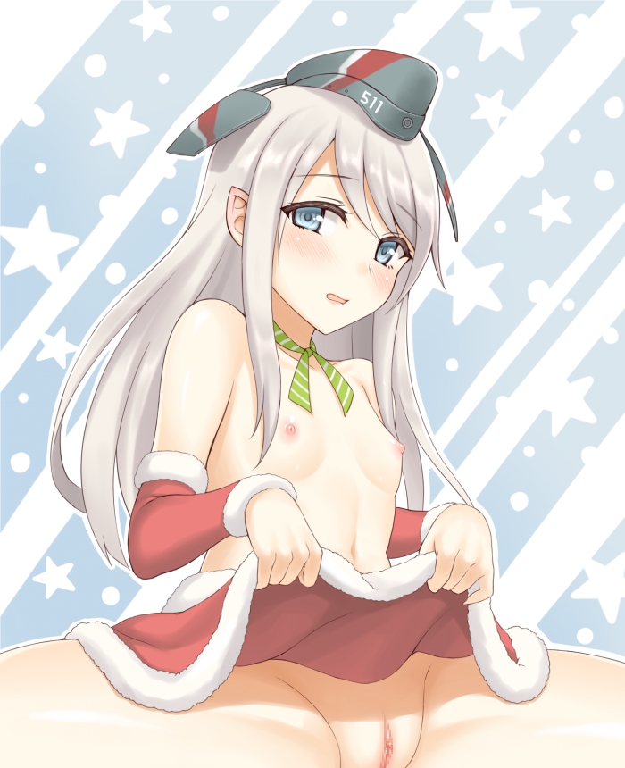 alternate_costume bangs blue_eyes blush breasts choker christmas eyebrows_visible_through_hair female flat_chest garrison_cap groin hair_between_eyes hat kantai_collection lang_(chikage36) looking_at_viewer navel nipples open_mouth pussy ribbon ribbon_choker santa_costume simple_background skirt skirt_lift small_breasts solo spread_legs u-511_(kantai_collection) white_hair