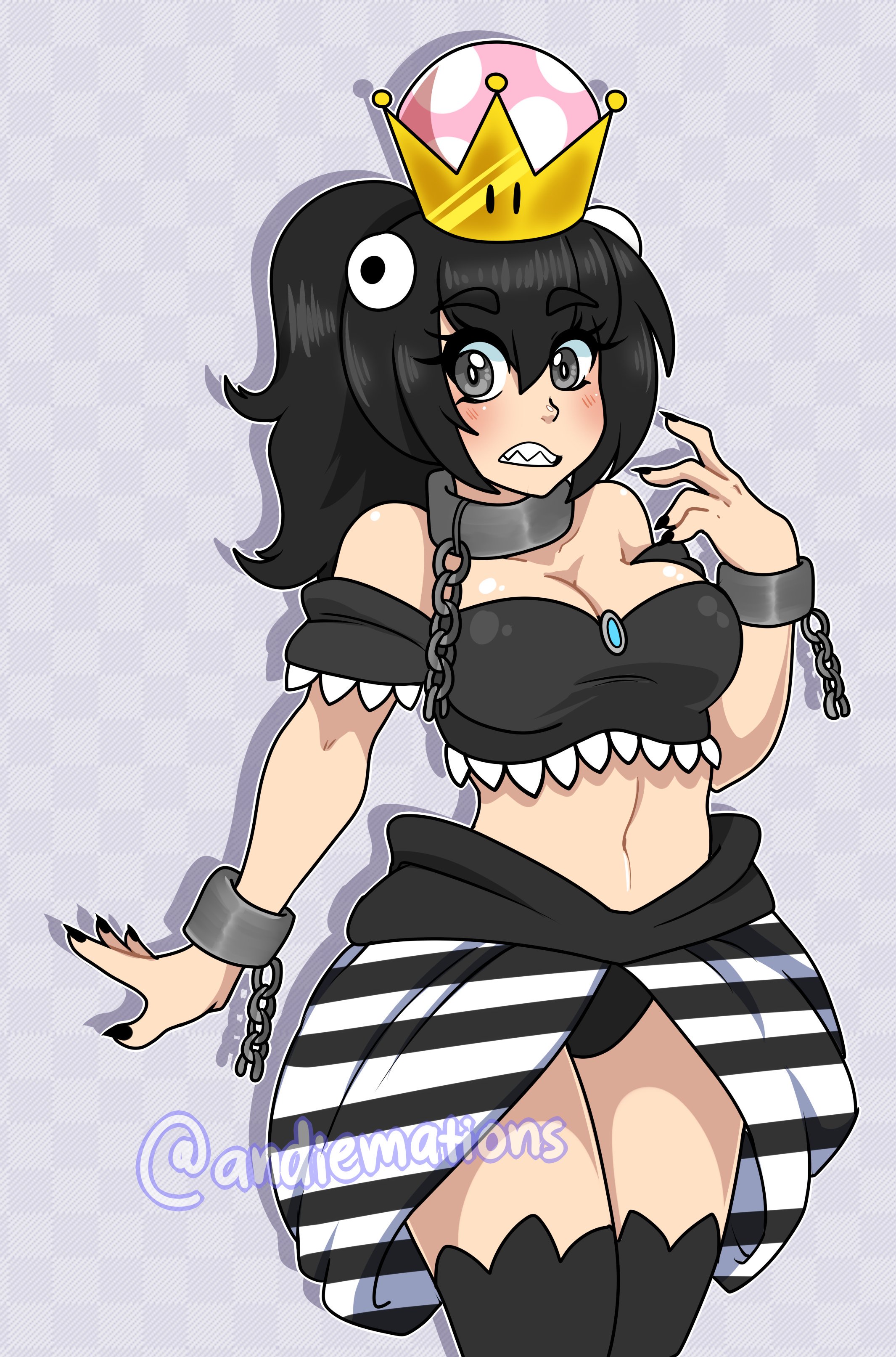 aishyu, black hair, chain chomp, chains, chompette, crown, cute, dress, mario (series), new super mario bros. u deluxe, nintendo
