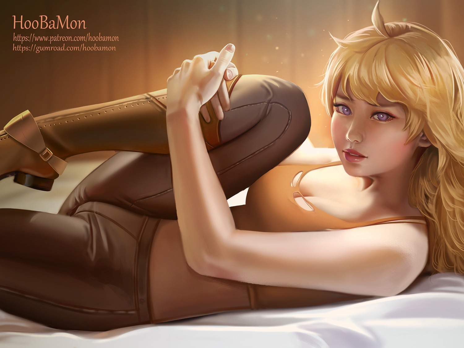 blonde hair, boots, breasts, cleavage, female, female only, hoobamon, leather pants, on back, on bed, purple eyes, rwby, yang xiao long