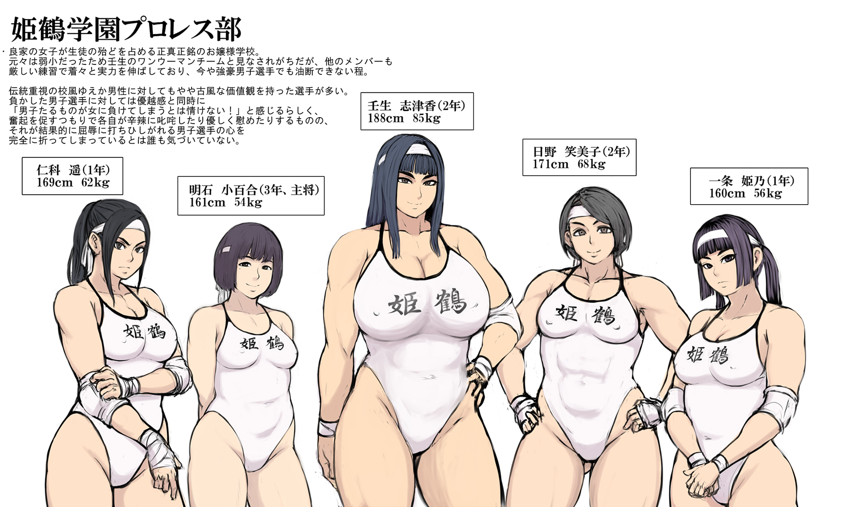 5girls, abs, black hair, blue hair, breasts, dark blue hair, erect nipples, erect nipples under clothes, female, female only, grey hair, huge breasts, large breasts, leotard, makya, multiple females, multiple girls, muscular, muscular female, nipples, plain background, purple hair, slightly chubby, text, translation request, white background, white leotard