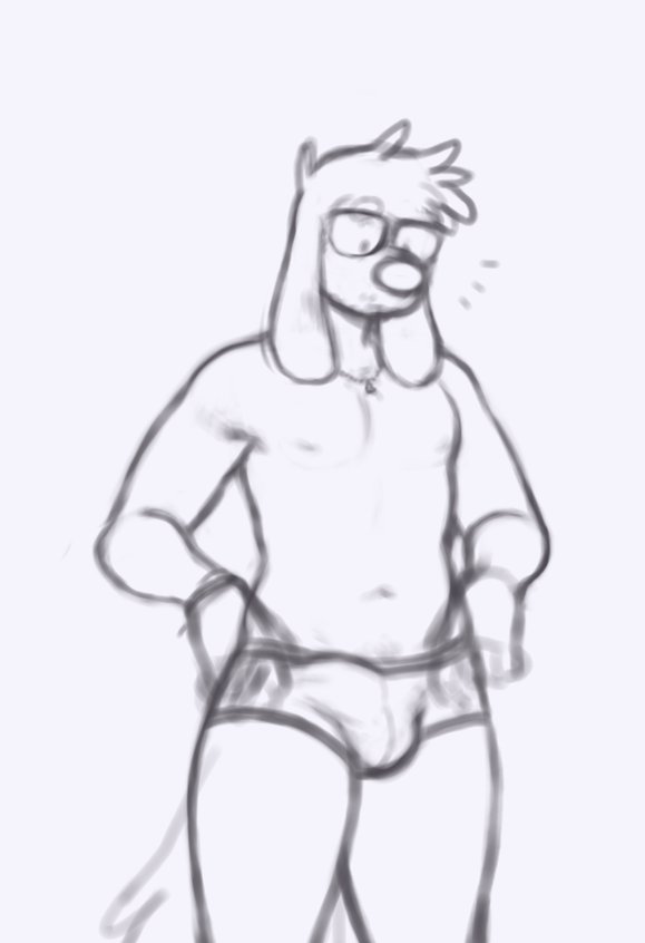 1boy 2018 anthro bearra briefs bulge canine clothed clothing eyewear furry glasses greyscale male male_only mammal monochrome penis_outline reed_(bearra) solo topless underwear