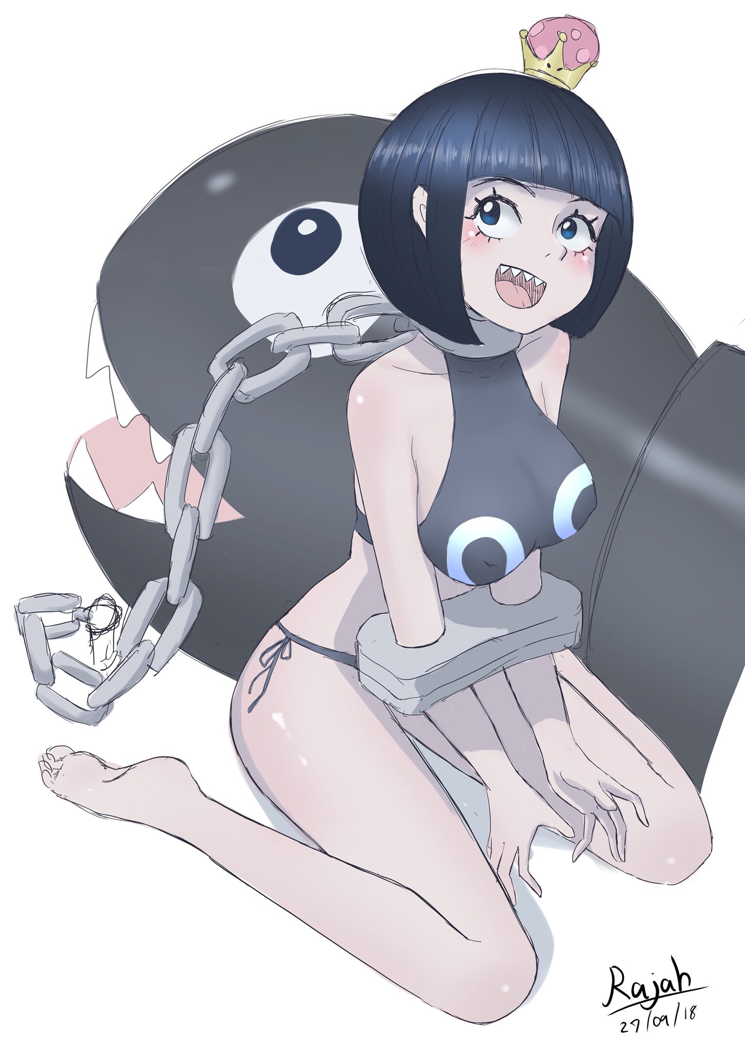 1girls, 1other, ambiguous gender, black hair, bondage, chain chomp, chains, chompette, clothes, crown, cute, dress, female, mario (series), new super mario bros. u deluxe, nintendo, panties, rajah (artist), super mario bros.