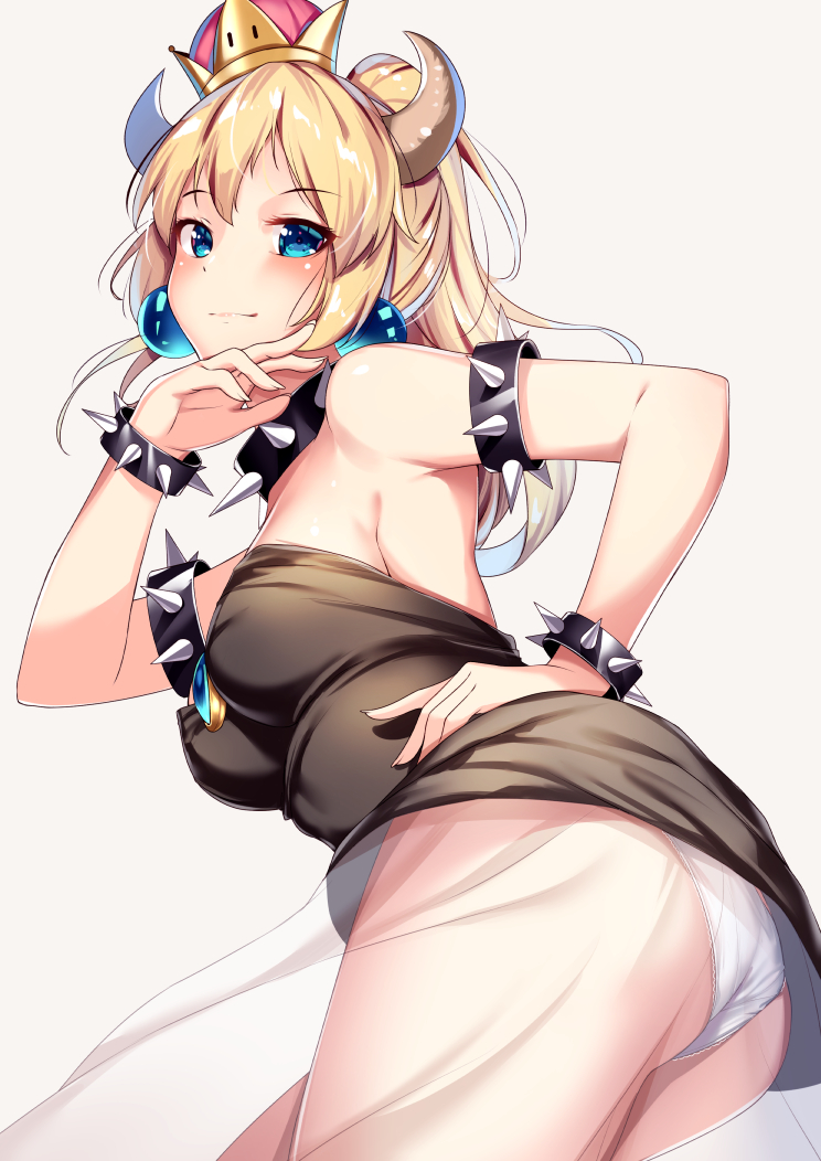 alternate_costume alternate_version_available amulet armlet ass big_breasts black_clothes black_clothing blonde_hair blue_earrings blue_eyes bowsette bracelet choker crown cute earrings female female_only genderswap horn horns looking_at_viewer looking_back looking_down mario_(series) new_super_mario_bros._u_deluxe nintendo panties panty pantyshot pantyshot_(standing) see-through smile smooth_skin smug solo spikes underwear upskirt white_background white_panties yan_(nicknikg)