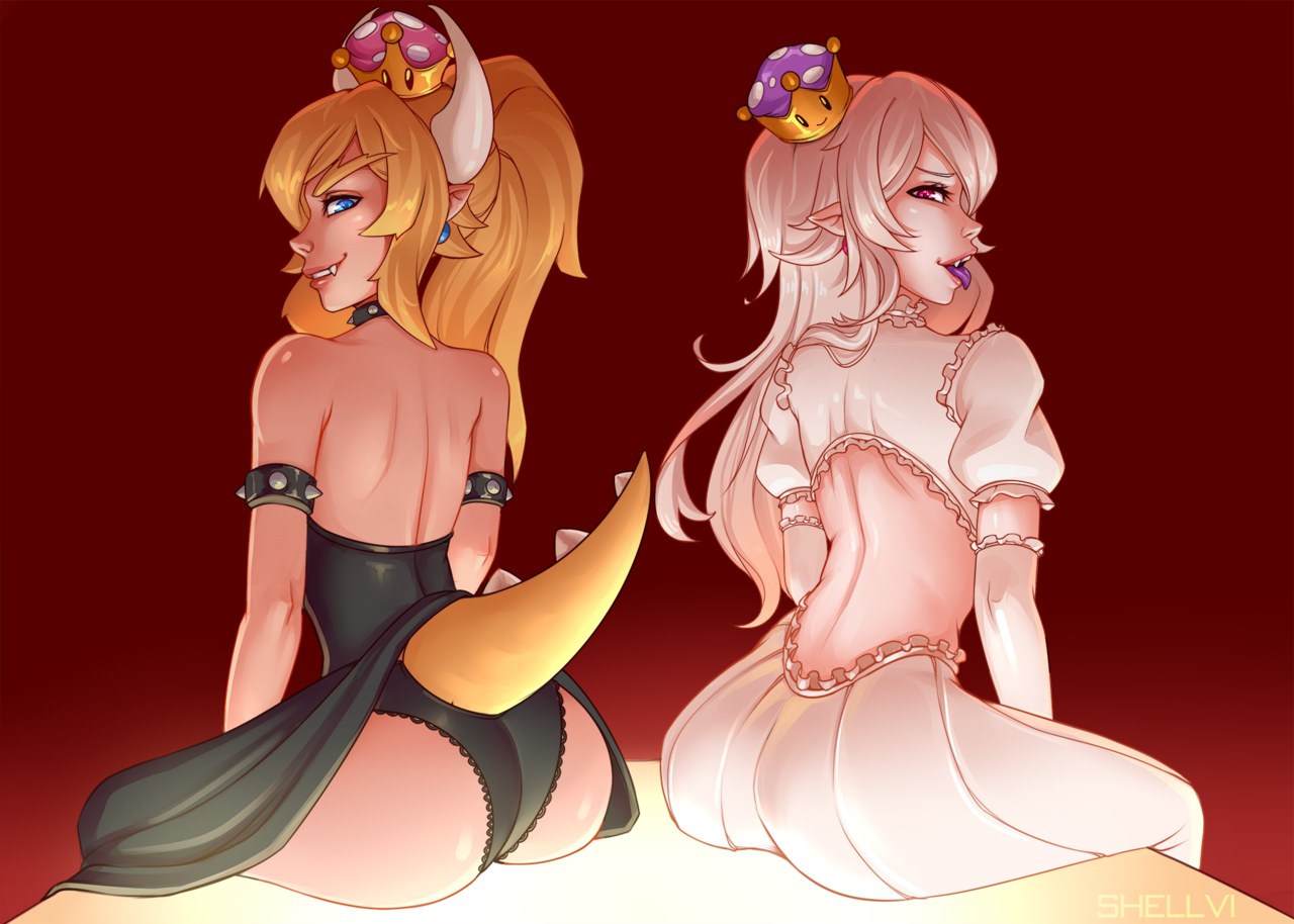 2girls, ass, blonde hair, boosette, bowsette, female, female only, genderswap, looking at viewer, looking back, mario (series), new super mario bros. u deluxe, nintendo, panties, pantyshot, rule 63, shellvi, underwear, upskirt, white hair
