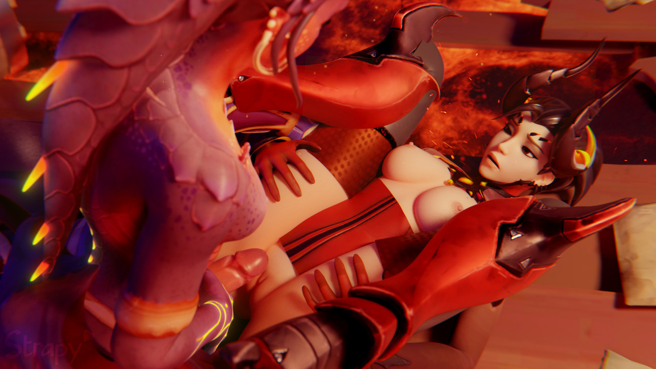 1futa, 1girls, 3d, alternate costume, areolae, breasts, devil horns, devil mercy, dragon symmetra, erection, female, full-package futa, futa on female, futanari, intersex, mercy, nipples, overwatch, penis, pussy, spread legs, strapy, symmetra
