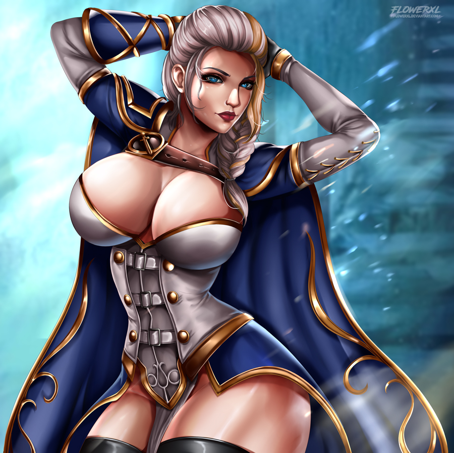 big breasts, black gloves, breasts, cleavage, female, female only, flowerxl, gloves, human, jaina proudmoore, large breasts, looking at viewer, solo, thick thighs, thighhighs, toned, wide hips, world of warcraft