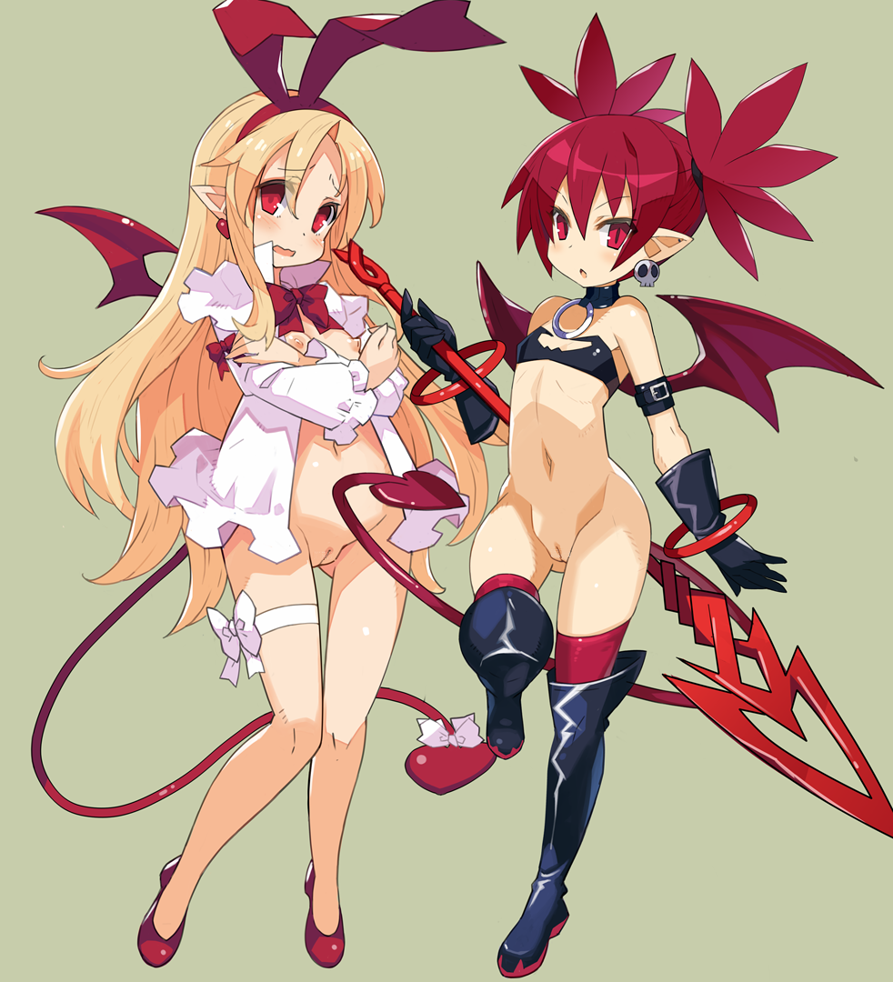 2girls :o angel arm_belt bangs bare_shoulders belt_buckle black_belt black_footwear black_gloves black_legwear blonde_hair blush boots bottomless bow breasts buckle crossed_arms demon_girl demon_tail demon_wings disgaea disgaea_1 dress earrings edit elbow_gloves etna eyebrows_visible_through_hair flonne flonne_(fallen_angel) gloves green_background hair_between_eyes hair_ribbon hairband head_tilt holding holding_spear holding_weapon jewelry long_hair long_sleeves multiple_girls navel nipples nippon_ichi_software open_clothes open_dress open_mouth parted_lips pointy_ears polearm pussy red_bow red_eyes red_footwear red_hair red_hairband red_legwear red_ribbon red_wings ribbon shoes simple_background skull_earrings small_breasts spear standing standing_on_one_leg tail thigh_boots thighhighs thighhighs_under_boots tsuderou v-shaped_eyebrows very_long_hair wavy_mouth weapon white_bow white_dress wings